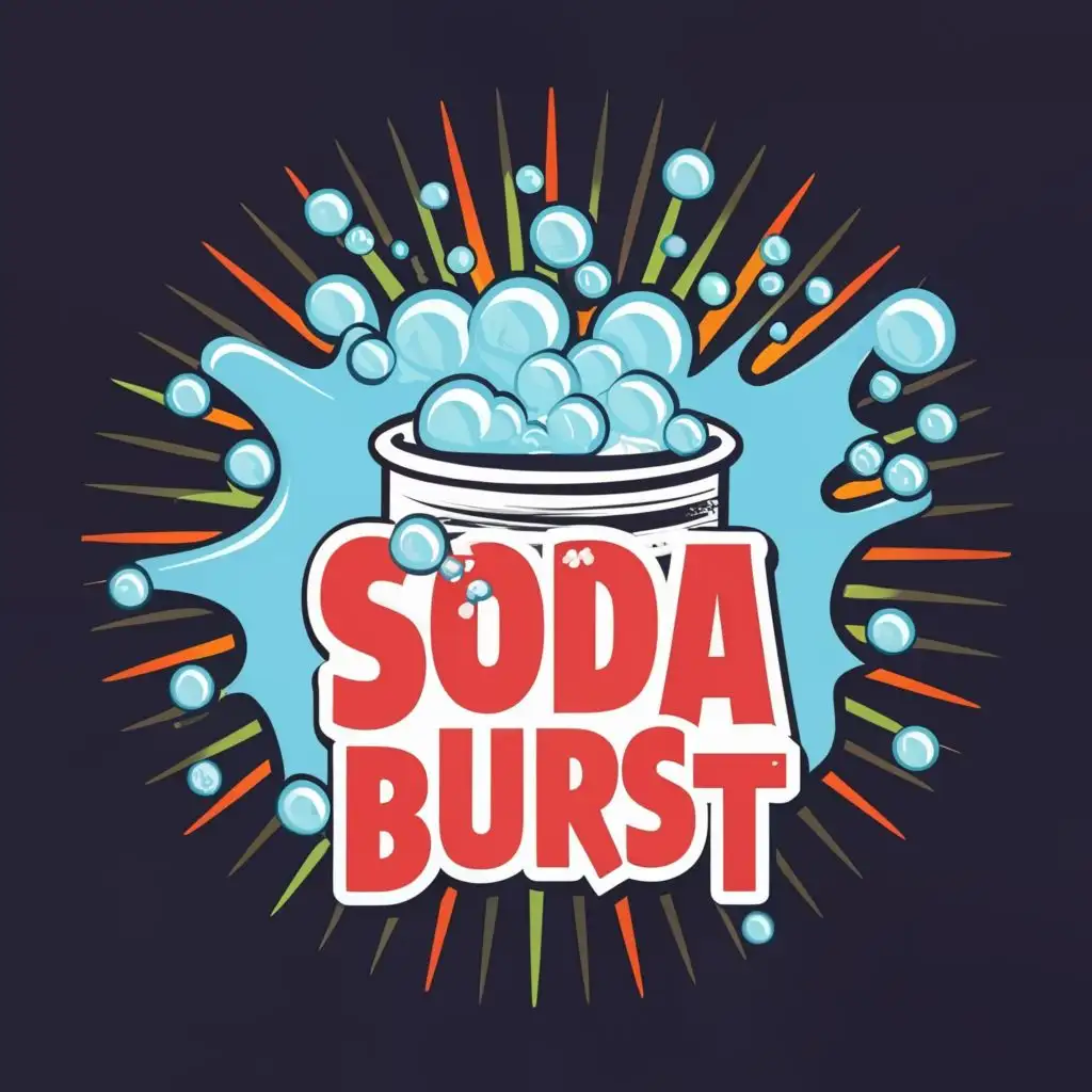 logo, fizz coming out of soda cup, lots of bubbles exploding, splashes of water, lots of color, with the text "soda burst", typography, be used in Restaurant industry
