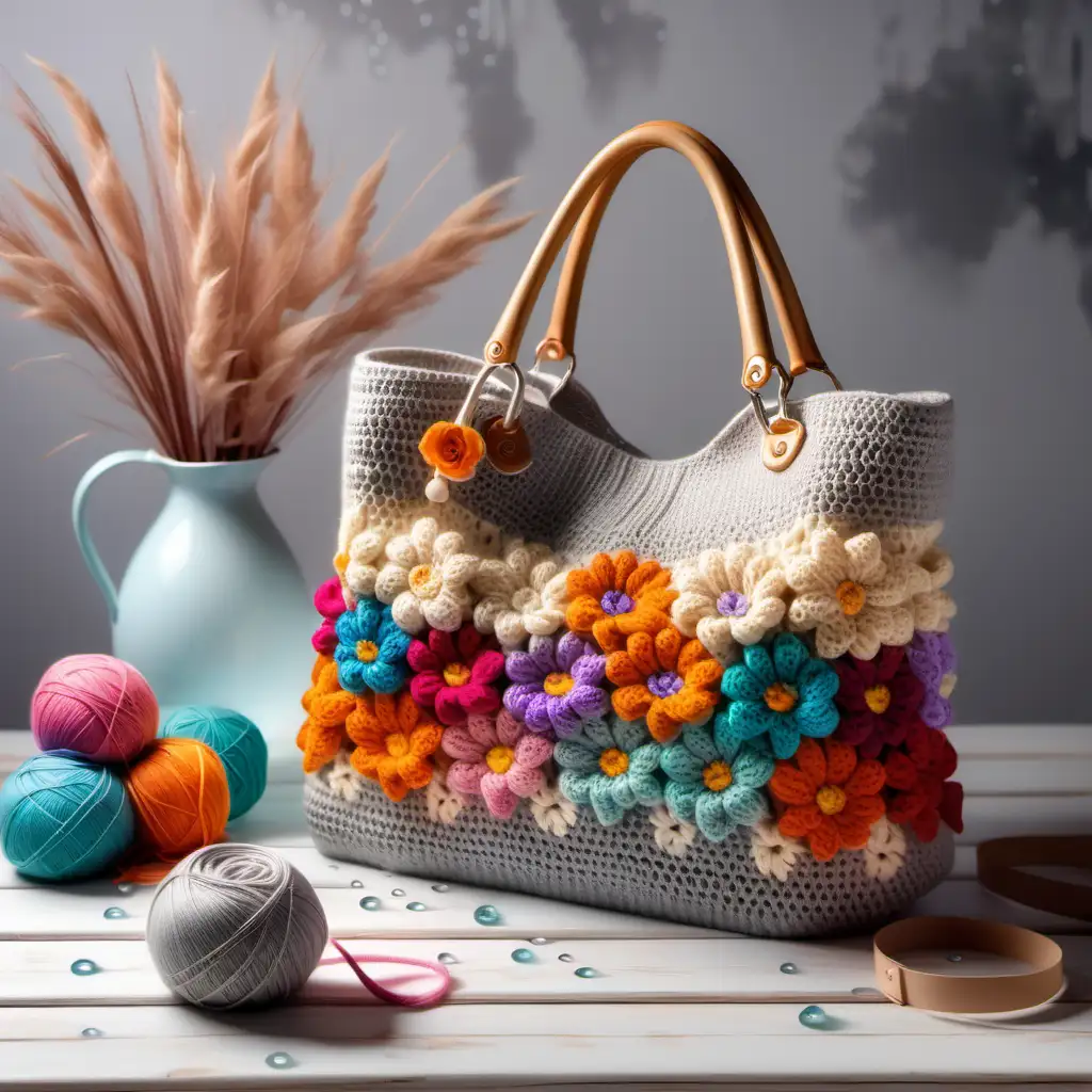 HandKnitted Womens Bag Displayed on Colorful FlowerPatterned Table