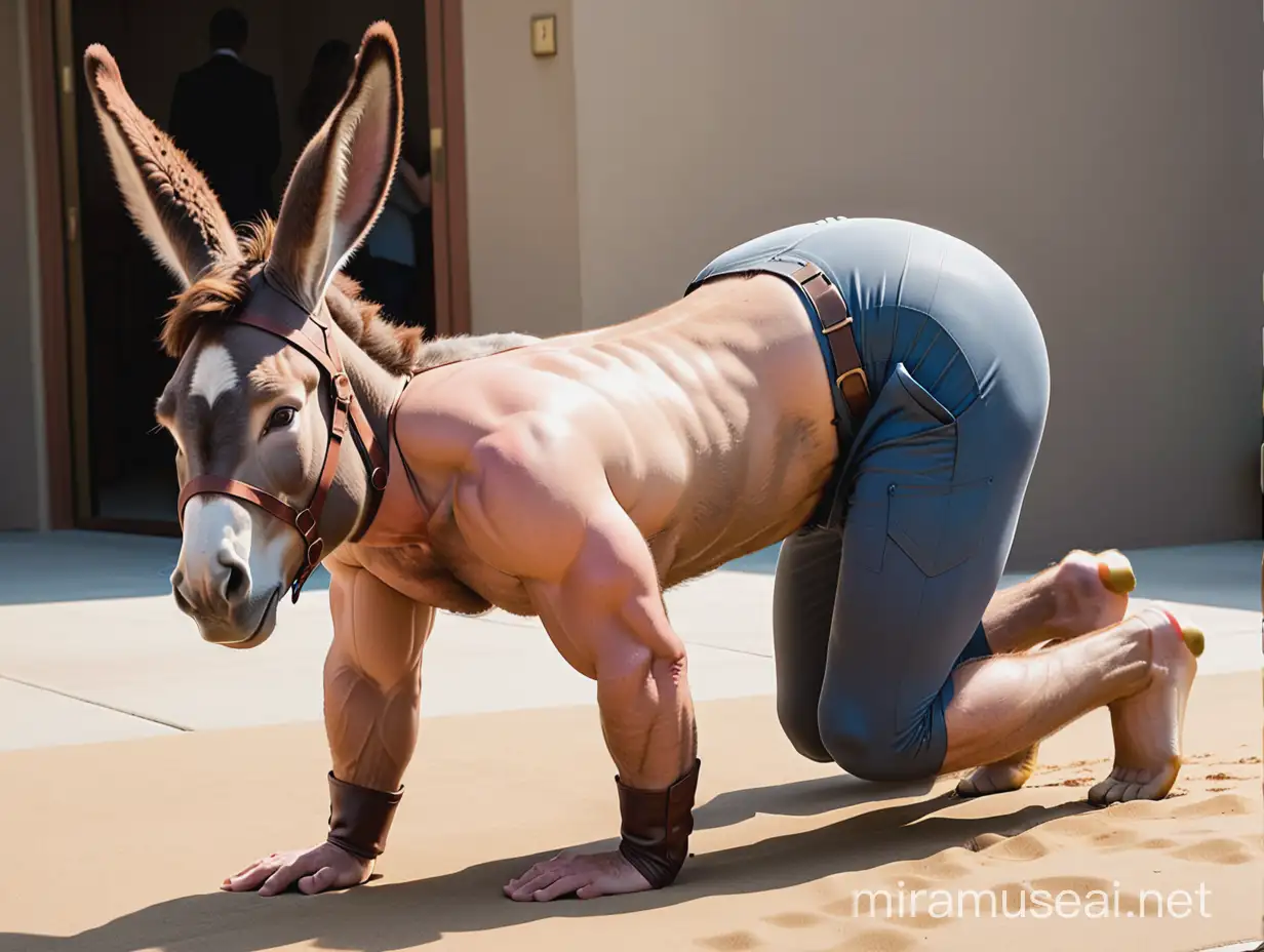 Chris Pratt on all fours transforming into a donkey. He has donkey ears. He has donkey legs. He has donkey hooves. He has a donkey tail. He has a complete donkey body. And he's braying like a donkey. But his head is human.