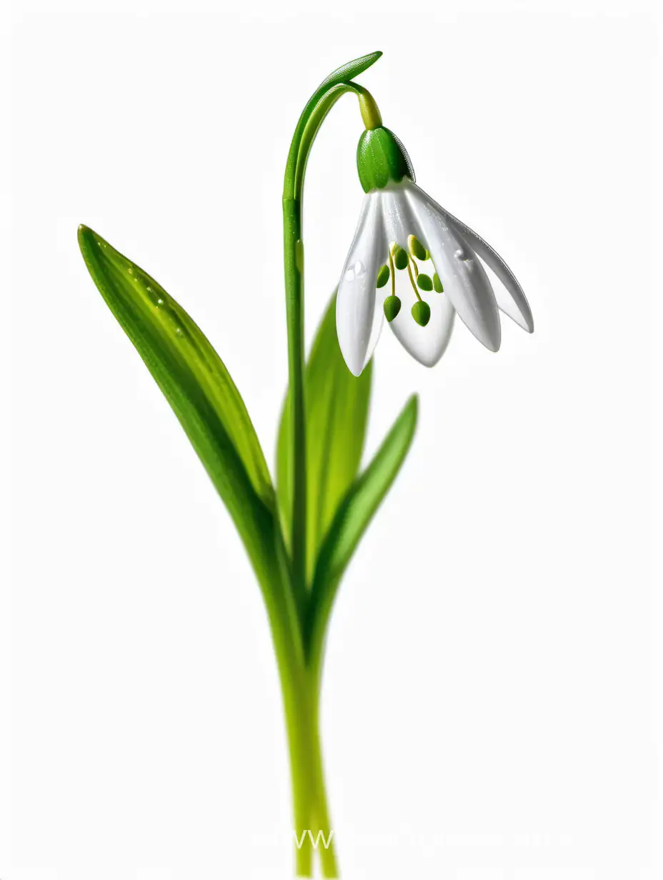 Snowdrop wild flower 8k ALL FOCUS with natural fresh green leaves on white background 