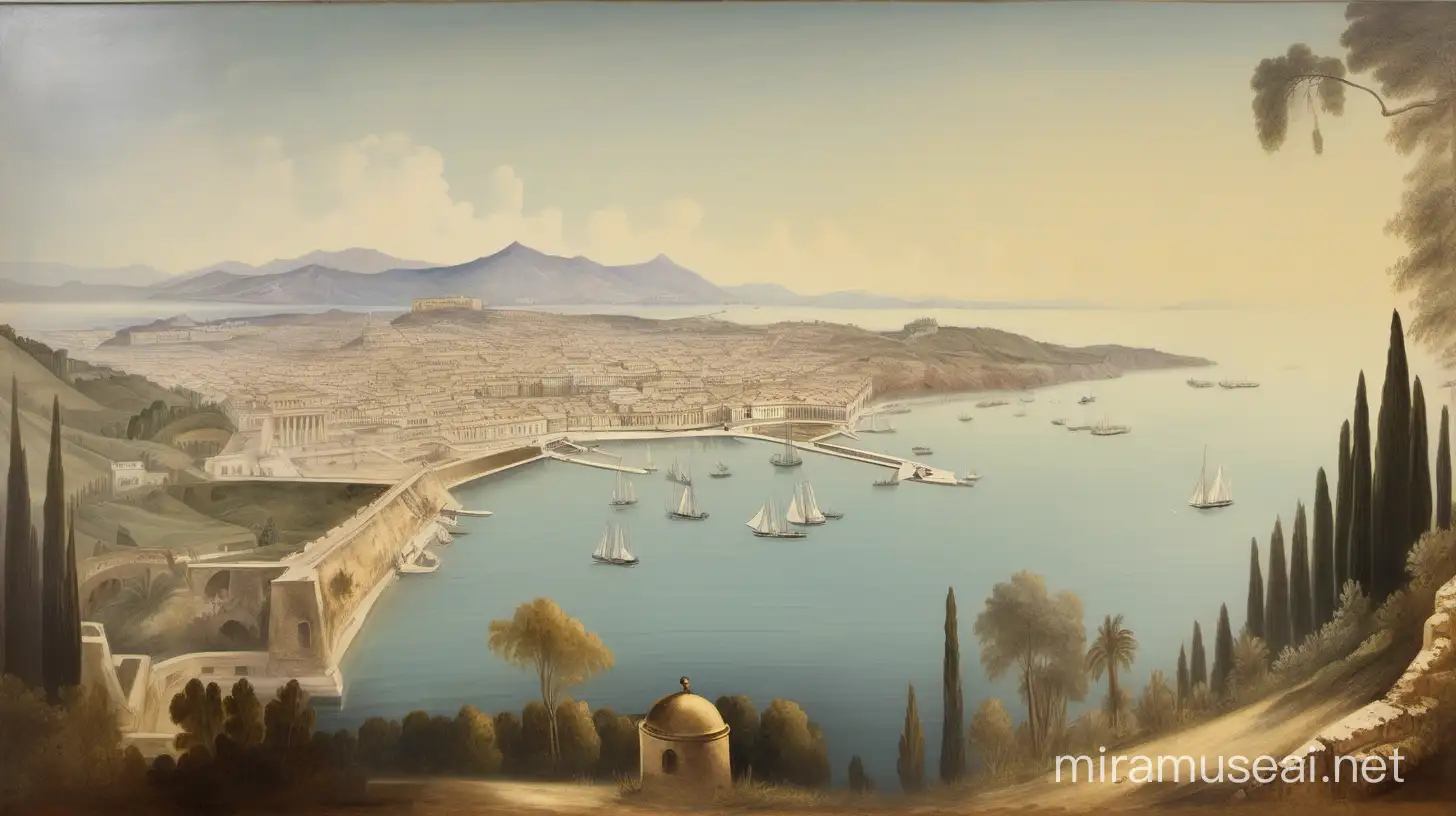 Design a panoramic view of Corfu, from the Mon Repos palace towards the Old Fortress (ca 1870s). The original designer is Charalampos Pachis. The used technique is oil on canvas.