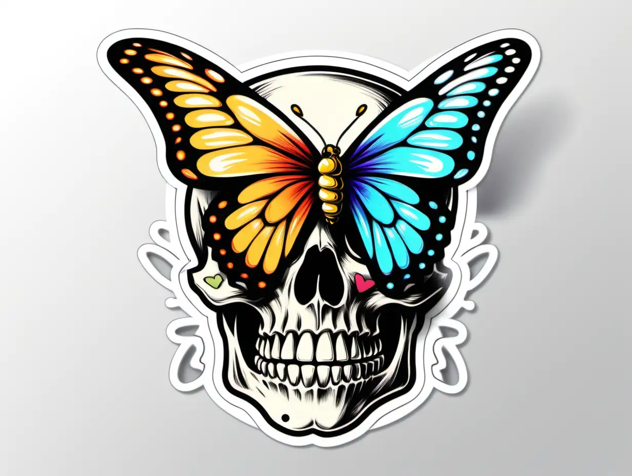 /imagine prompt:Skull with butterfly , Sticker, Excited, Tertiary Color, Hand-Drawn, Contour, Vector, White Background, Detailed
