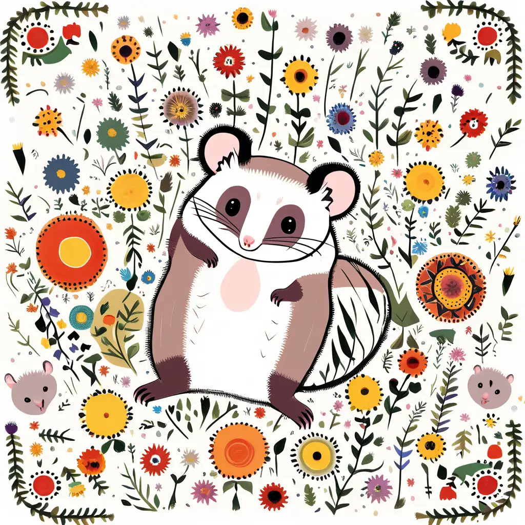 folk art illustration of a possum, surrounded with wildflowers, white background