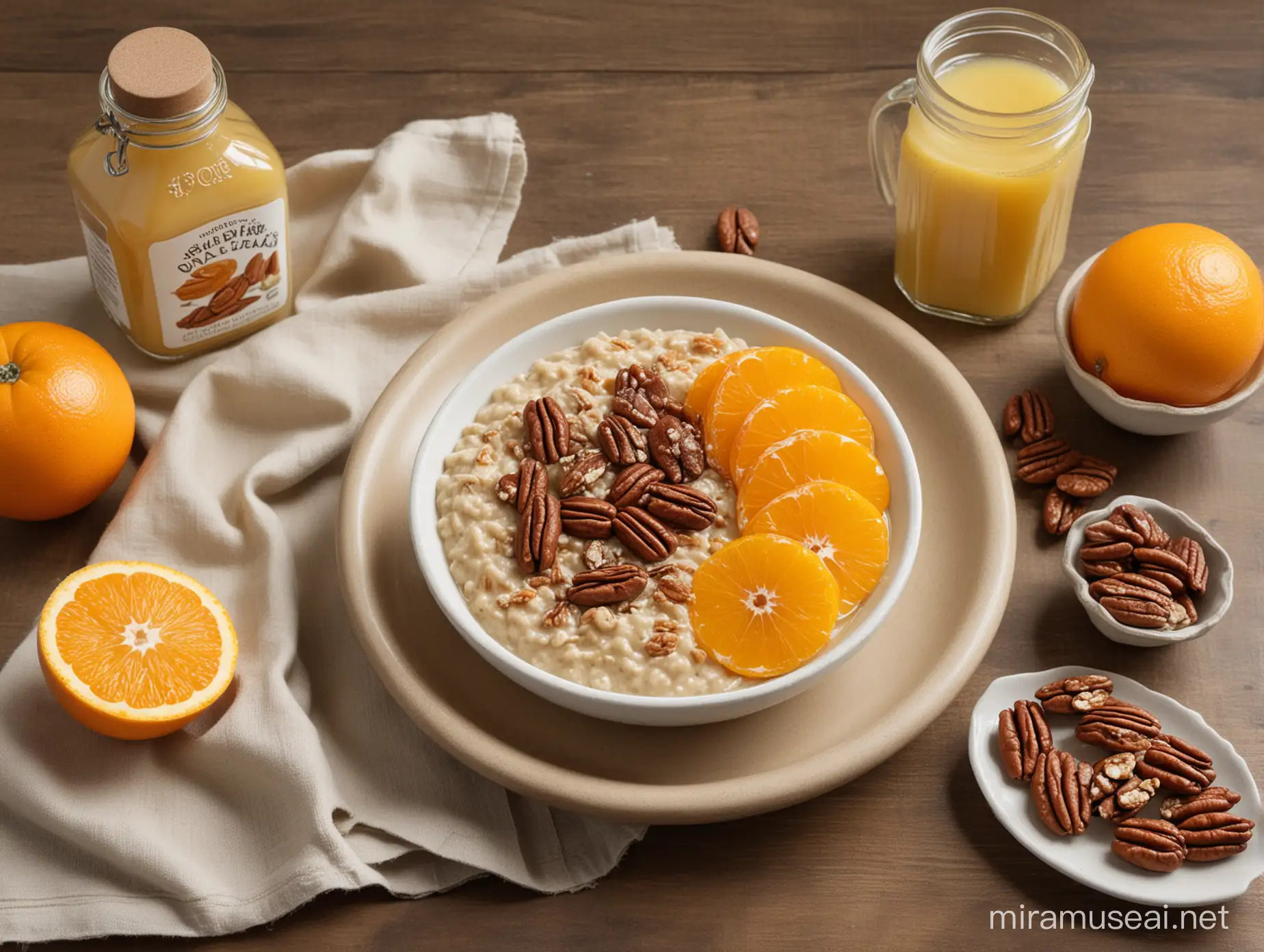 Photorealistic bowl of oatmeal, side plate of 2 boiled eggs, side bowl of sliced oranges honey drizzle and roasted pecans, cup of  broth, bottle of lemon infused water 