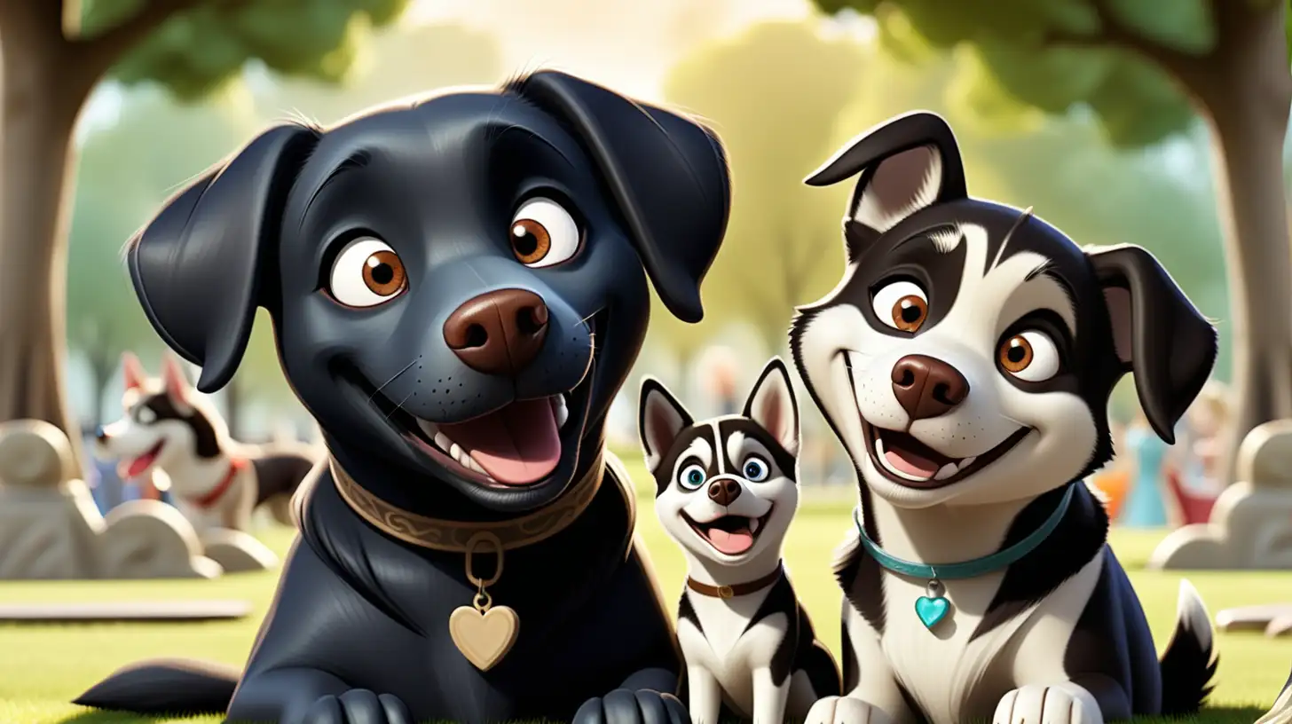 enchanted storybook characters smiling. black labrador and husky with brown eyes in park