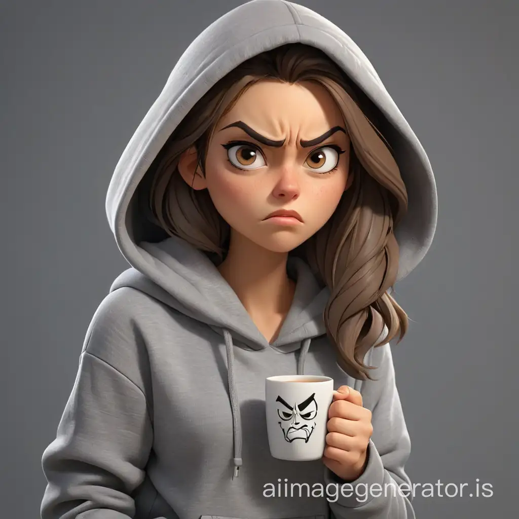 Sad girl in cartoon style, an evil angry arrogant face, whole body, with a mug of morning coffee,  Wearing a grey hoodie, jeans, dynamic pose, maximum detail, best quality, HD, gorgeous light and shadow, detailed design, 3D quality