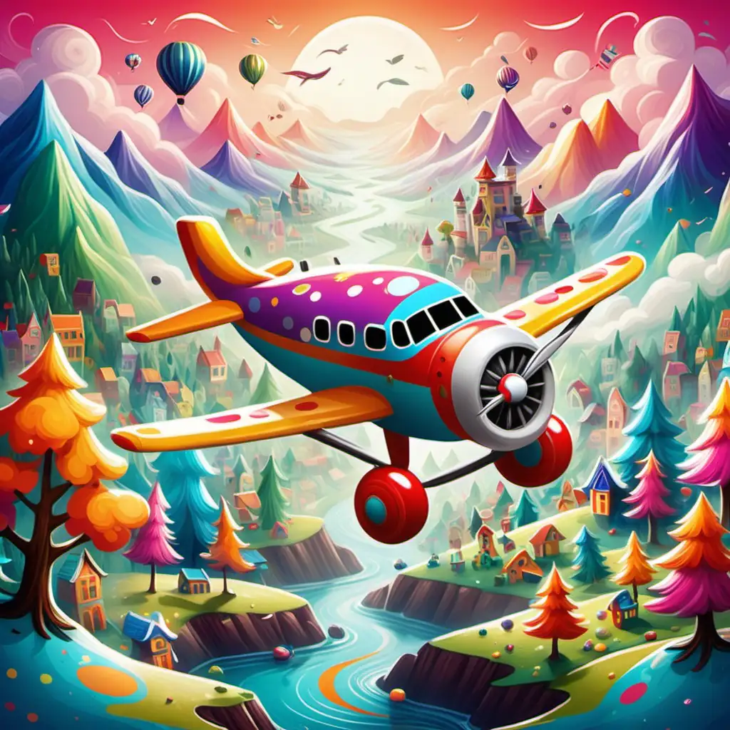 "Create a whimsical and colorful design featuring their favorite ,plane, vibrant landscapes, or imaginative characters, sparking joy and creativity 
 
