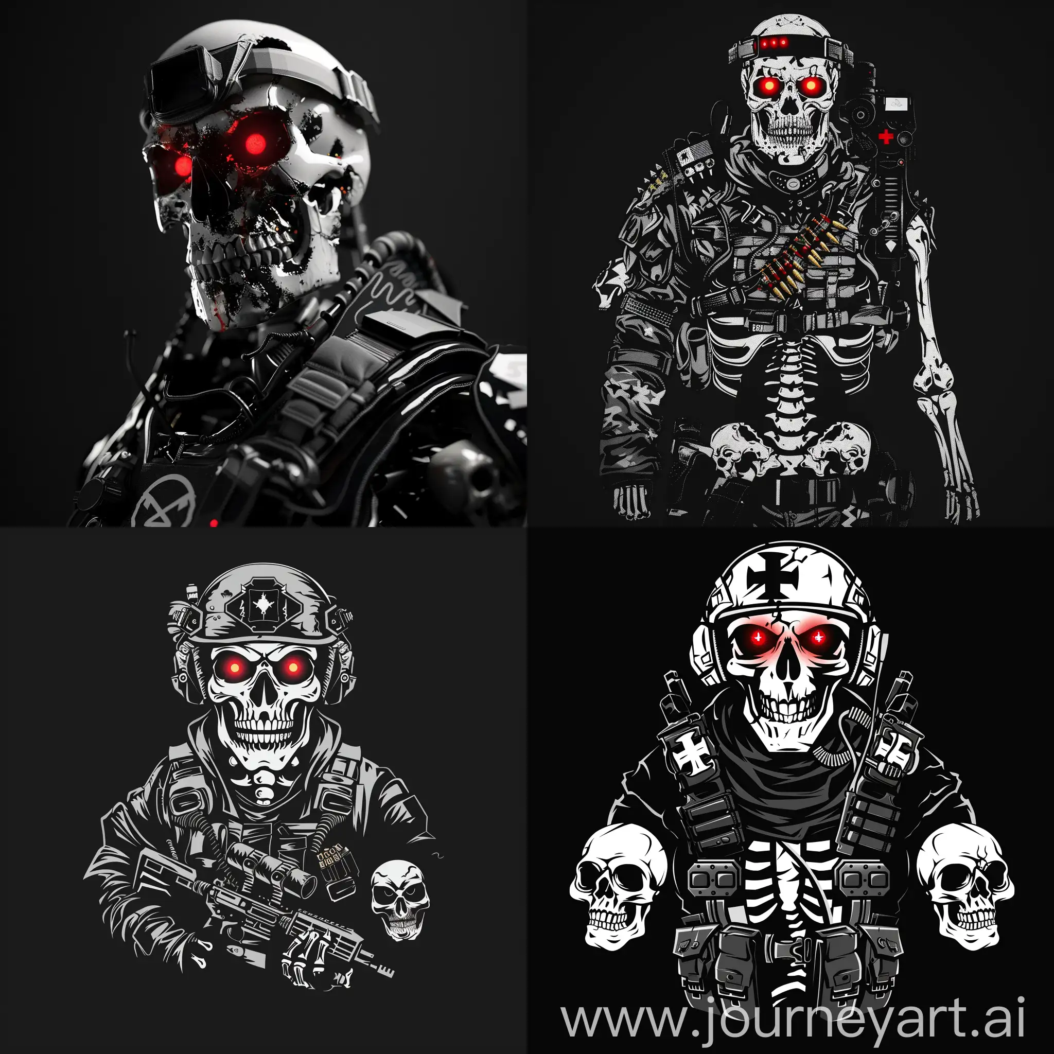 5 undead soldier look like a skeleton with modern military equipment, logo, glowing red eyes, skulls, black and white, black background