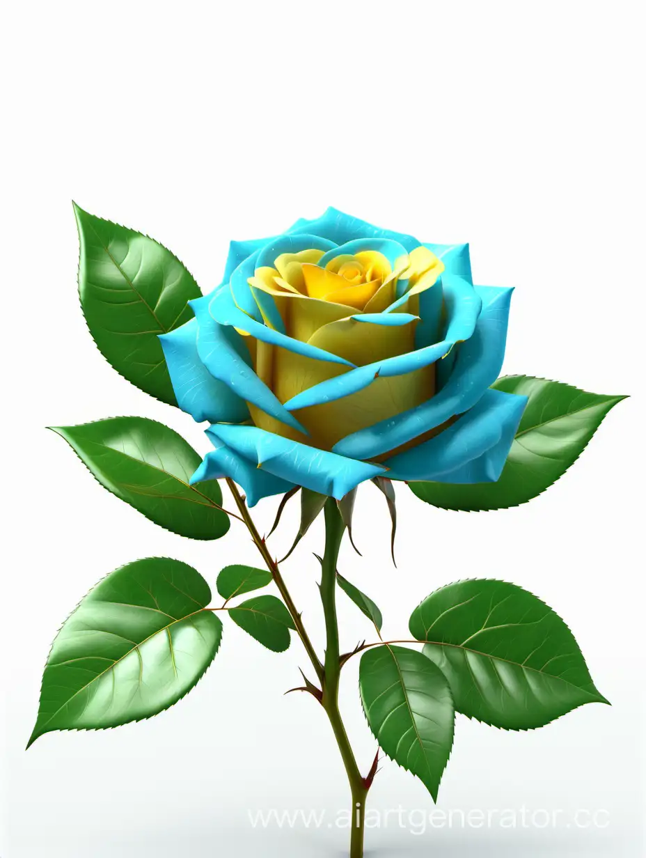 Vibrant-8K-HD-Realistic-Sky-Blue-and-Yellow-Rose-with-Fresh-Lush-Green-Leaves-on-White-Background