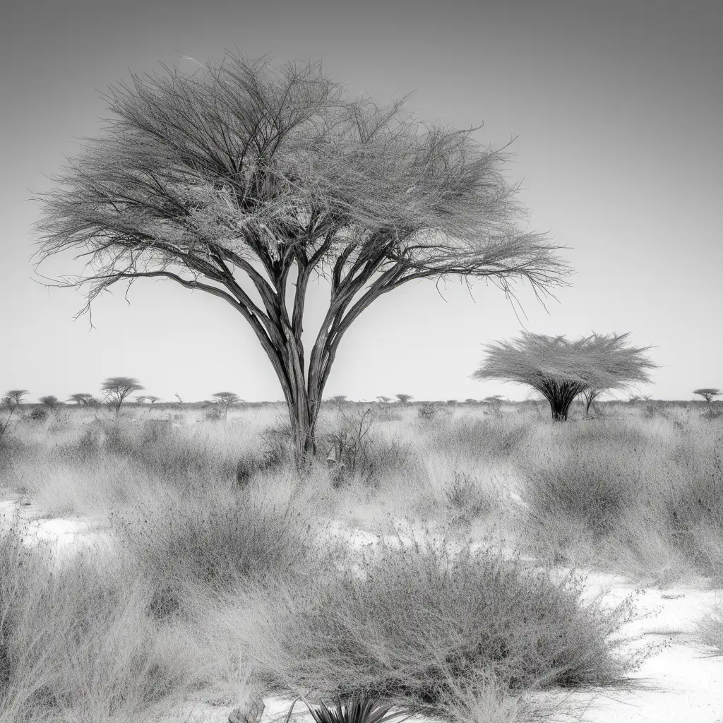 botswana kalahari desert black and white photo, with native plants

