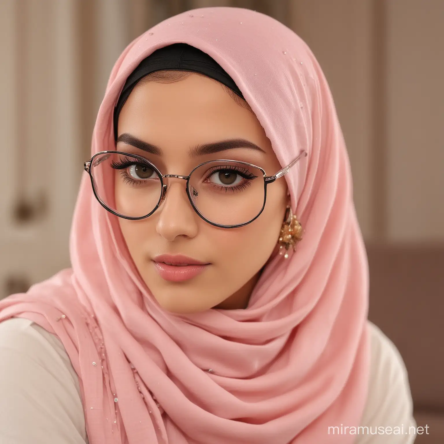 A Stunning Fair Skin Young Girl. With Long Eye Lashes And Rosy Chick. She is an arabic girl, She Wears A Stylist Hijab, she wears an earing. She Wears A Cat Eye Spectacles. She sits on the sofa of her luxurious living room, she's looking At The Camera, the image must be as humanly realistic as possible. Apply high definition
