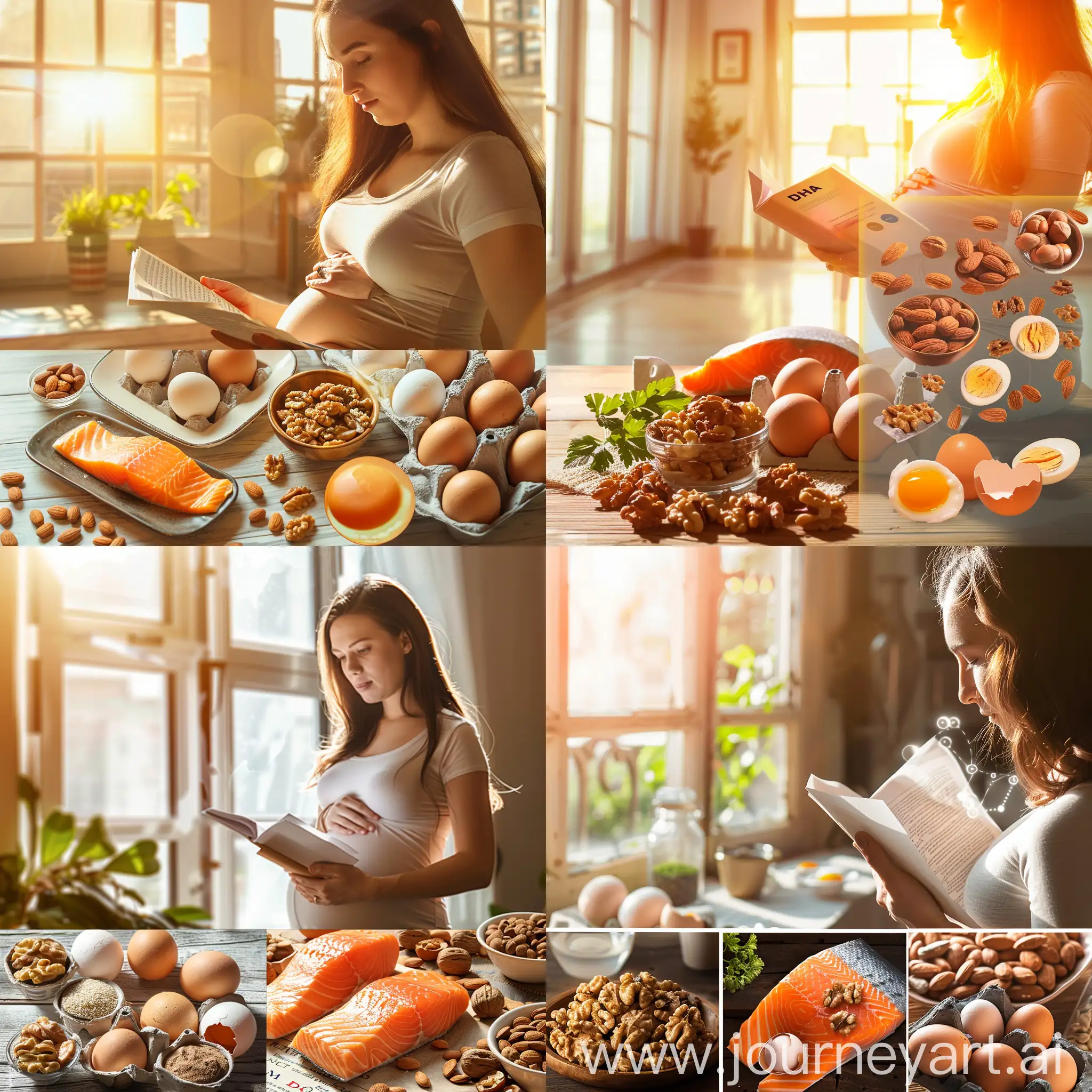 A serene image of a pregnant woman in a sunny room reading about DHA benefits, with an overlay of omega-3 rich foods like salmon, walnuts, and eggs.