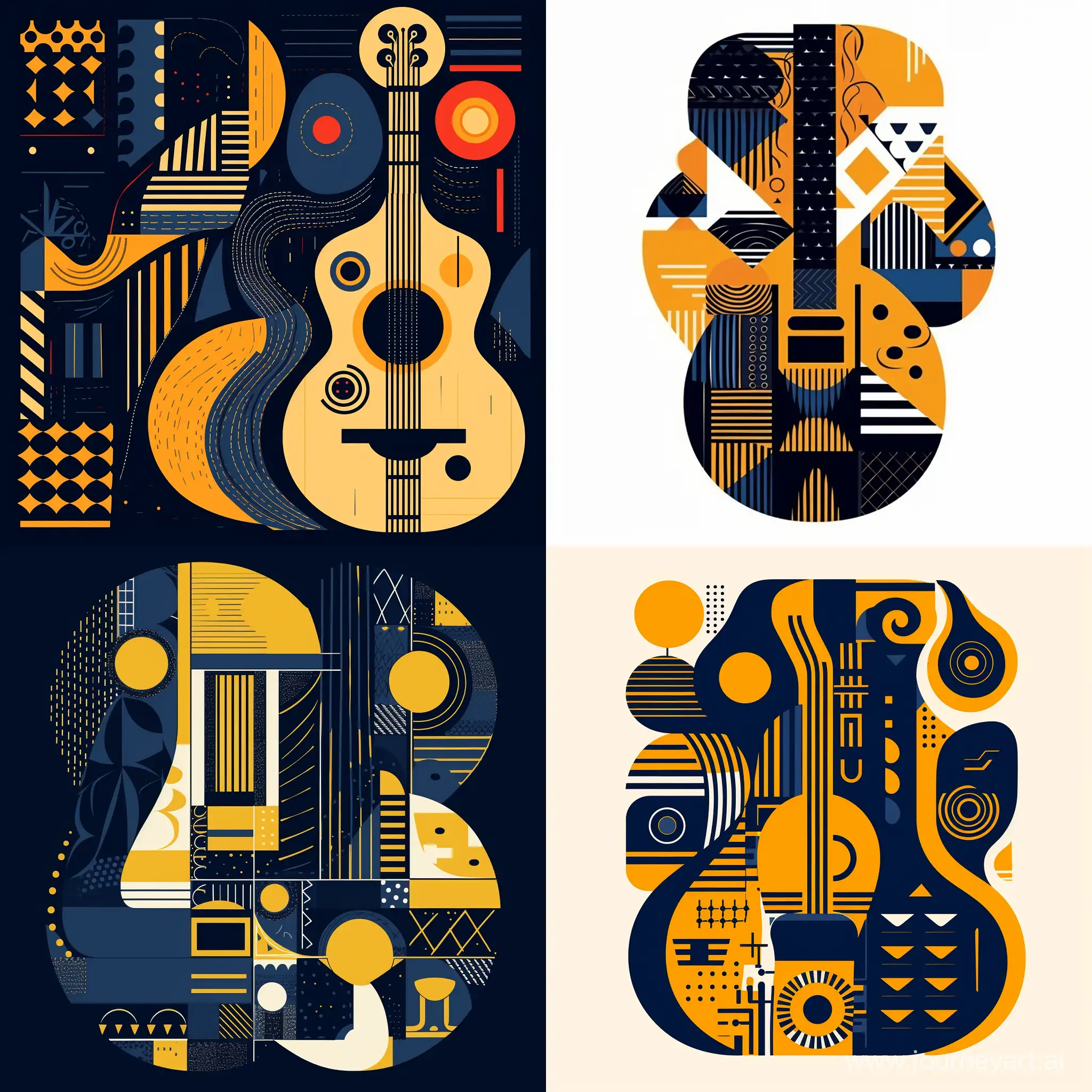 rough shape of an abstract design of a guitar with geometric elements on it, in the style of African patterns, illustration, layer stencil work, patterned background, navy and yellow