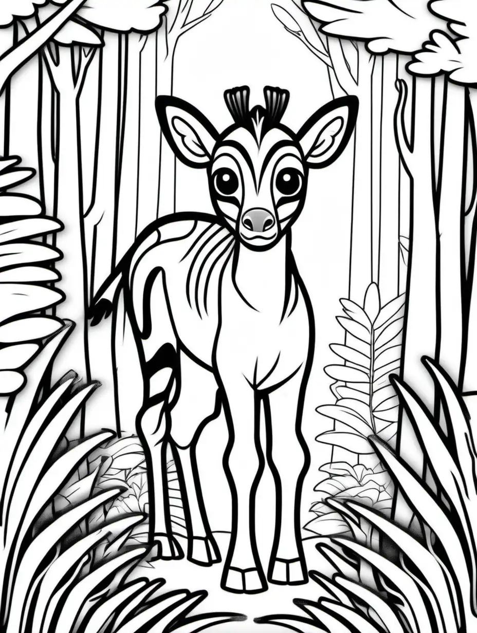 Coloring book, cartoon drawing, clean black and white, single line, in center of aspect ratio 3:4, white background, cute okapi calf exploring a forest, with a tiny bird perched on its back.