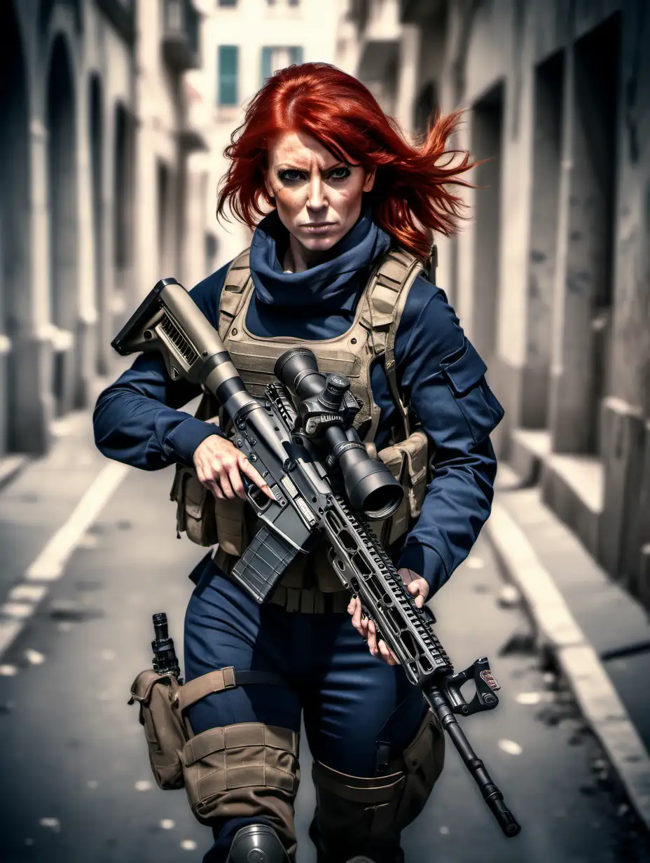 French woman, red hair,  muscular, combat uniform, sniper rifle with scope, combat helmut, walking towards the camera, ultra realistic, ultra hdr, --raw