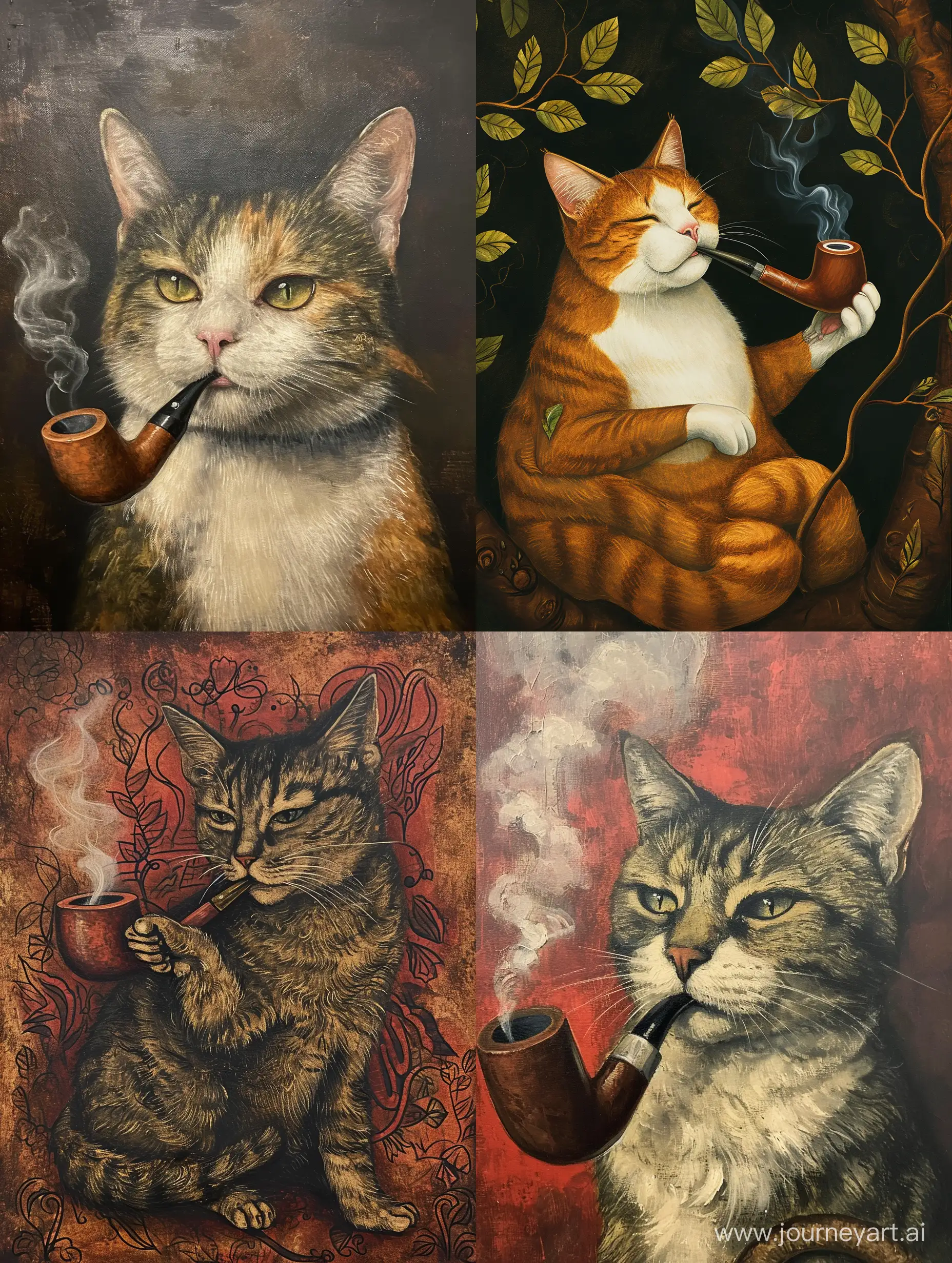 The cat is depicted smoking a pipe, adding a unique and unexpected element to the scene