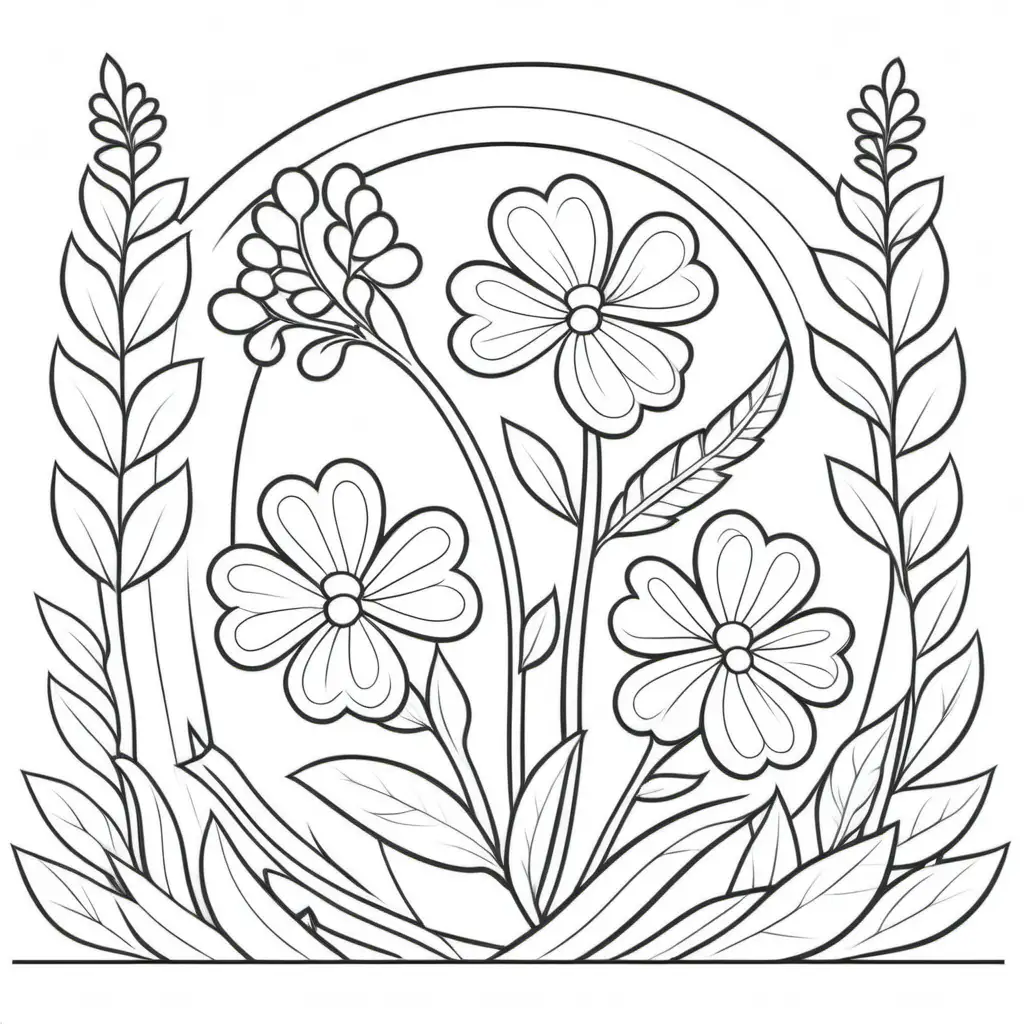coloring page for kids, thick lines, low detail, Irish flowers, stems, laurels