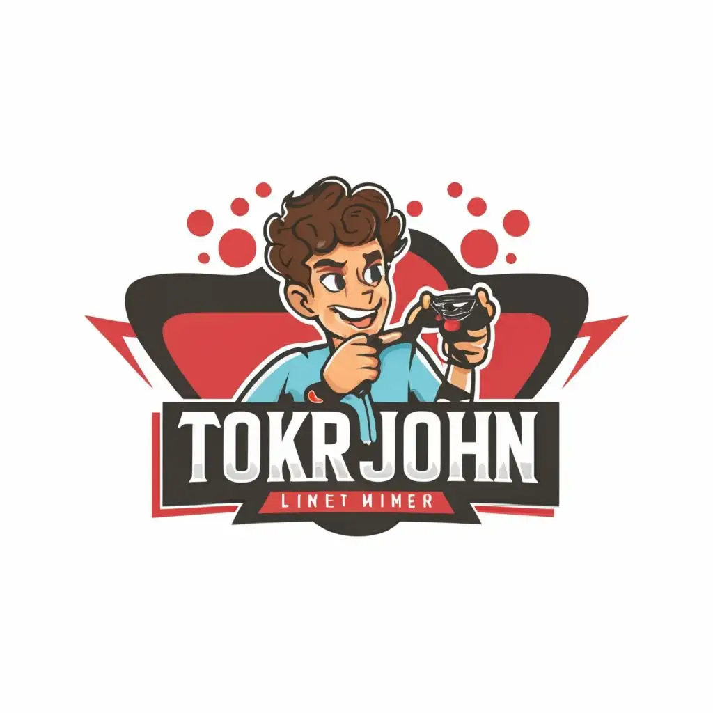 logo, Skinny guy playing video games curly hairs, with the text "TOKRJOHN", typography, be used in Internet industry