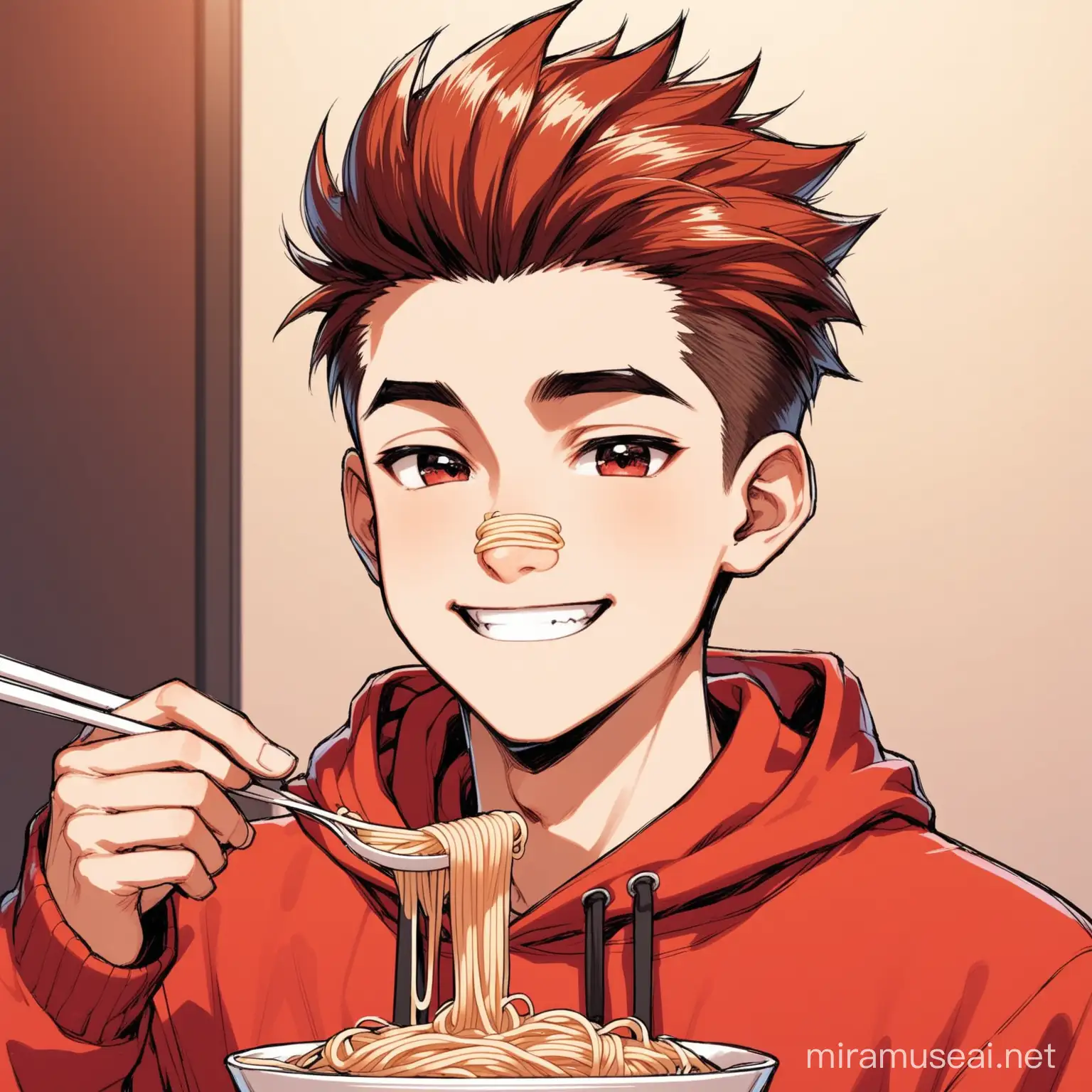 cool, hacker, red hoodie, quiff hairs, aesthetic, , big nose, small mouth, handsome, oblong face shape,cute
smile, eating noodles