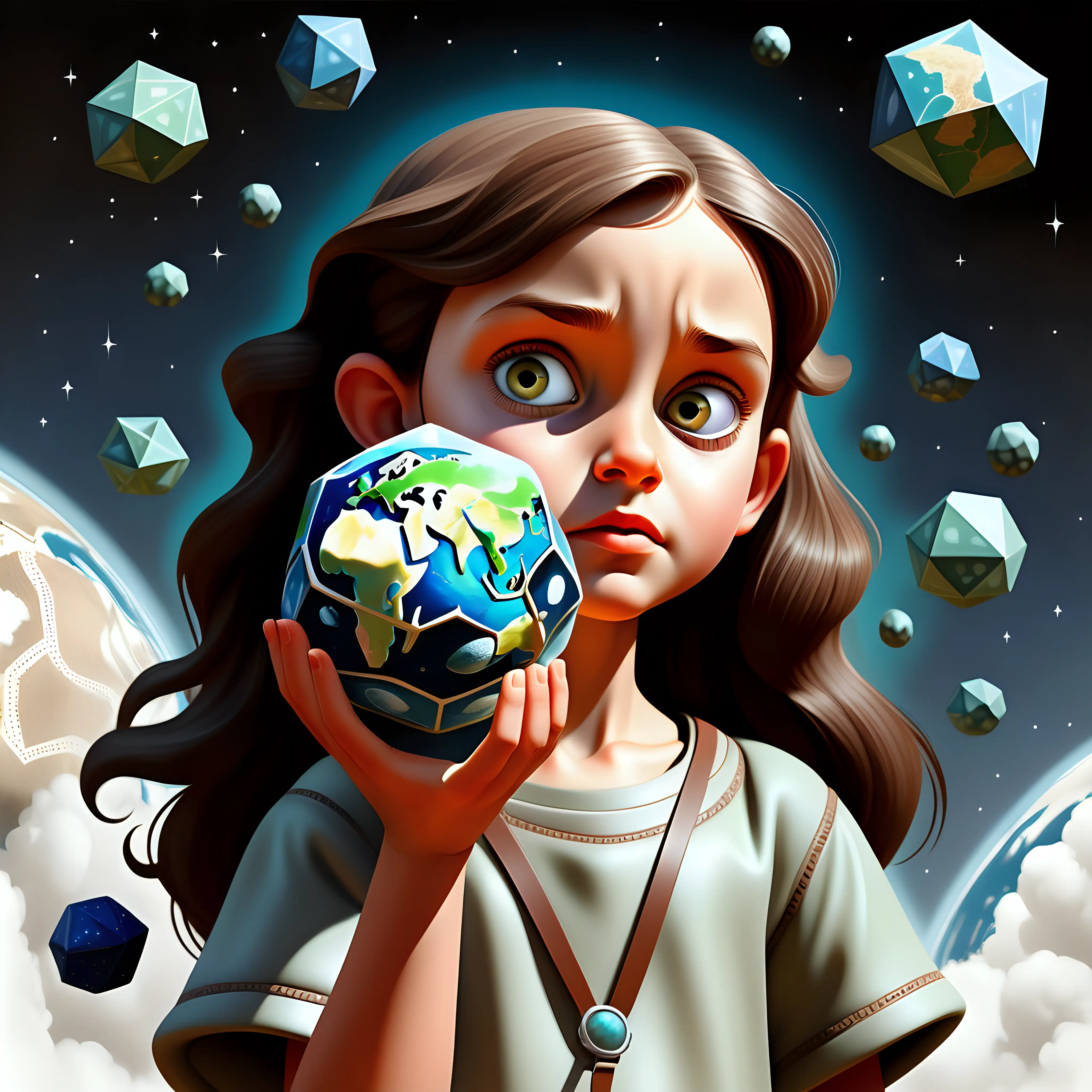 10 year-old girl who looks like Joslyn Arwen Reed, in the sky looking at the earth shaped as an dodecahedron, matrix, children's picture book, illustration, on a white background