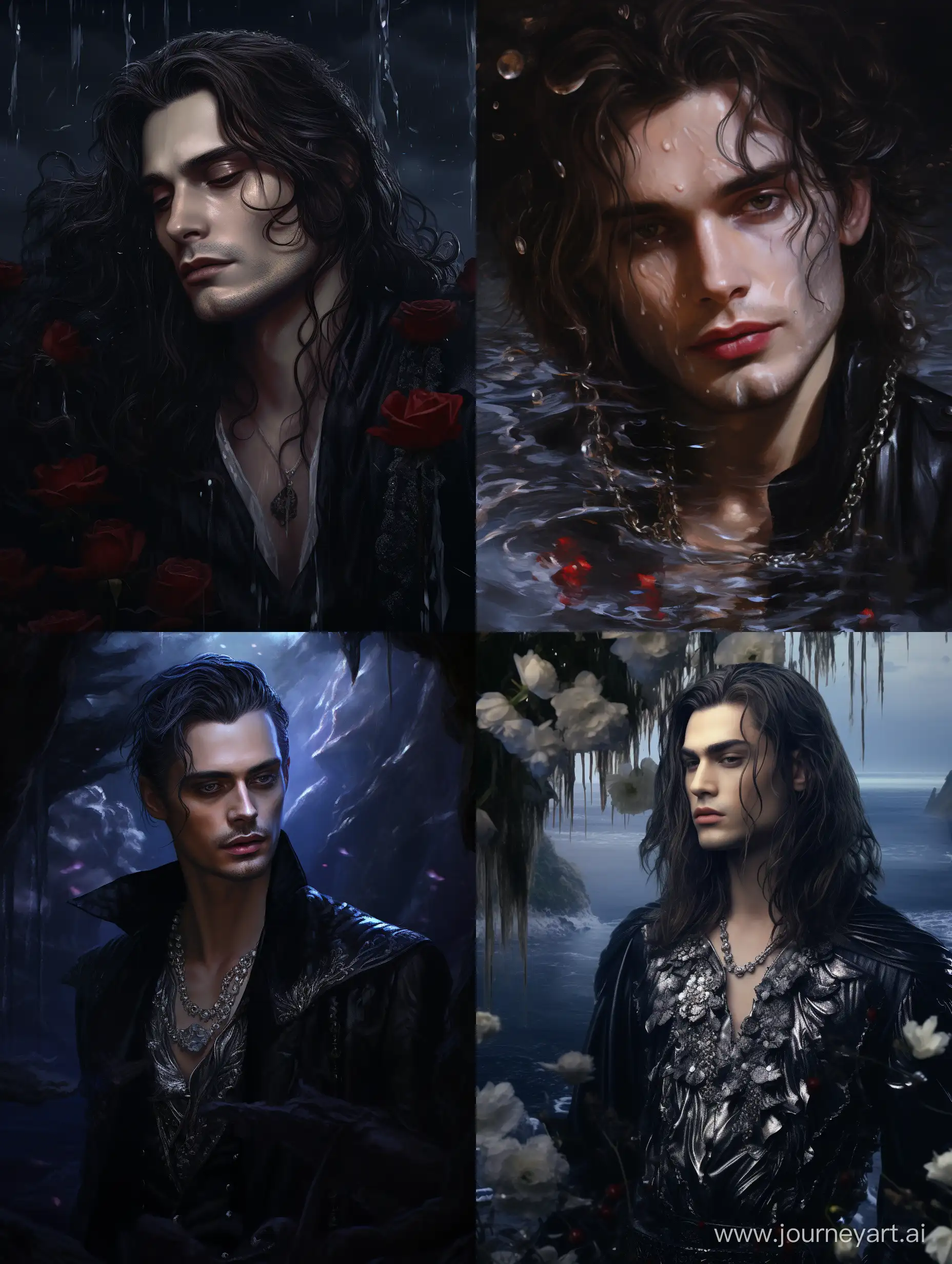 Oil painting, digital painting, mysterious handsome vampire man, sadness, sadness, water, moon, d&g, close-up, middle ages, crystals, quartz, diamonds, landscape, flowers, nature, glitter, octane, lumen, botanical, fantasy, magic, high quality, high detail, Warcraft style, photorealism, hyperrealism, cinematic, high resolution, ISO 100