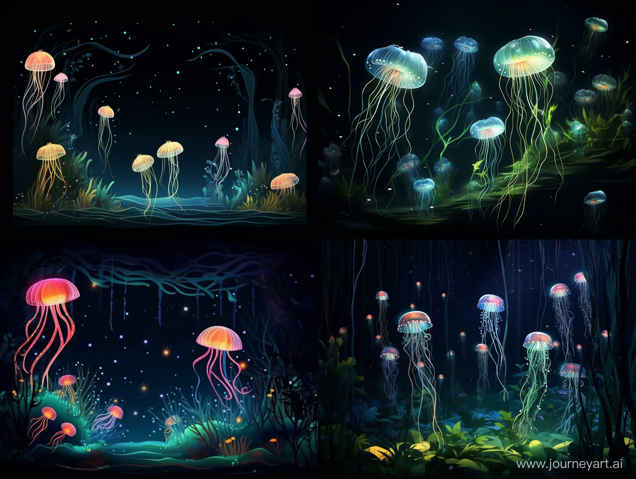 Bioluminescent under the sea aquatic plants and jellyfish on a dark background