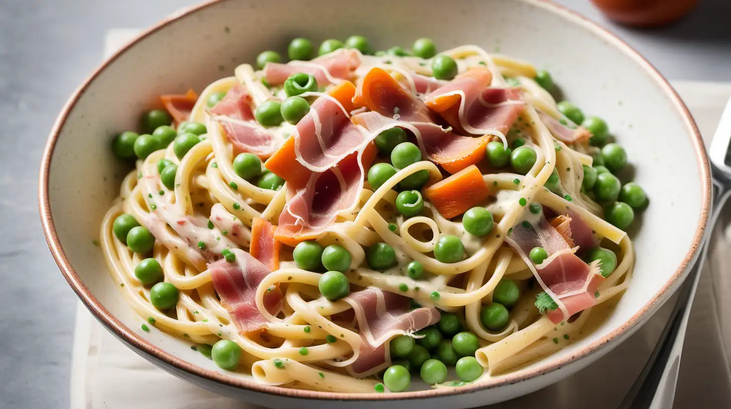 a bowl of carbonara pasta with peas, carrots and prosciutto and creamy sauce