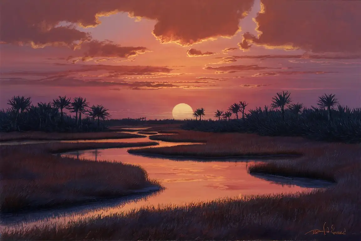 Envision a serene and vibrant painting capturing the majestic beauty of a Lowcountry marsh in South Carolina at the moment of sunset. The scene is bathed in the rich, warm glow of the setting sun, casting the sky in a breathtaking palette of colors—deep oranges, fiery reds, and purples that fade into the soft blues of the early evening. The sun, a fiery orb, hovers just above the horizon, reflecting its brilliant light across the smooth surface of meandering tidal creeks that weave through the marshland. These waterways, vital arteries of the marsh, mirror the spectacular colors of the sky, creating a stunning contrast against the darkening silhouettes of palmetto trees and tall marsh grasses that line their banks.

In the foreground, the dense grasses of the marsh are tinged with the golden hues of the sunset, creating a warm and inviting tapestry of colors that invites the viewer to pause and reflect. A lone heron stands stoically in the shallow waters, its silhouette a graceful addition to the landscape. The scene is a harmonious blend of tranquility and dramatic natural beauty, encapsulating the serene yet vibrant spirit of the Lowcountry at this magical time of day. The painting should aim to capture not just the visual splendor of the sunset over the marsh, but also the quiet, reflective atmosphere that envelops the landscape as day transitions to night.