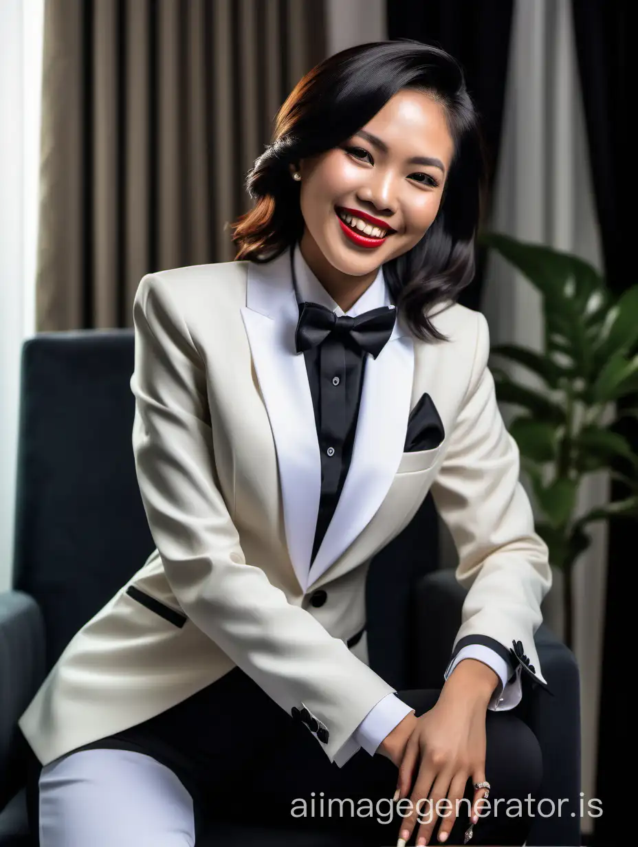 Elegant-Vietnamese-Woman-in-Ivory-Jacket-Tuxedo-Laughing-on-Desk