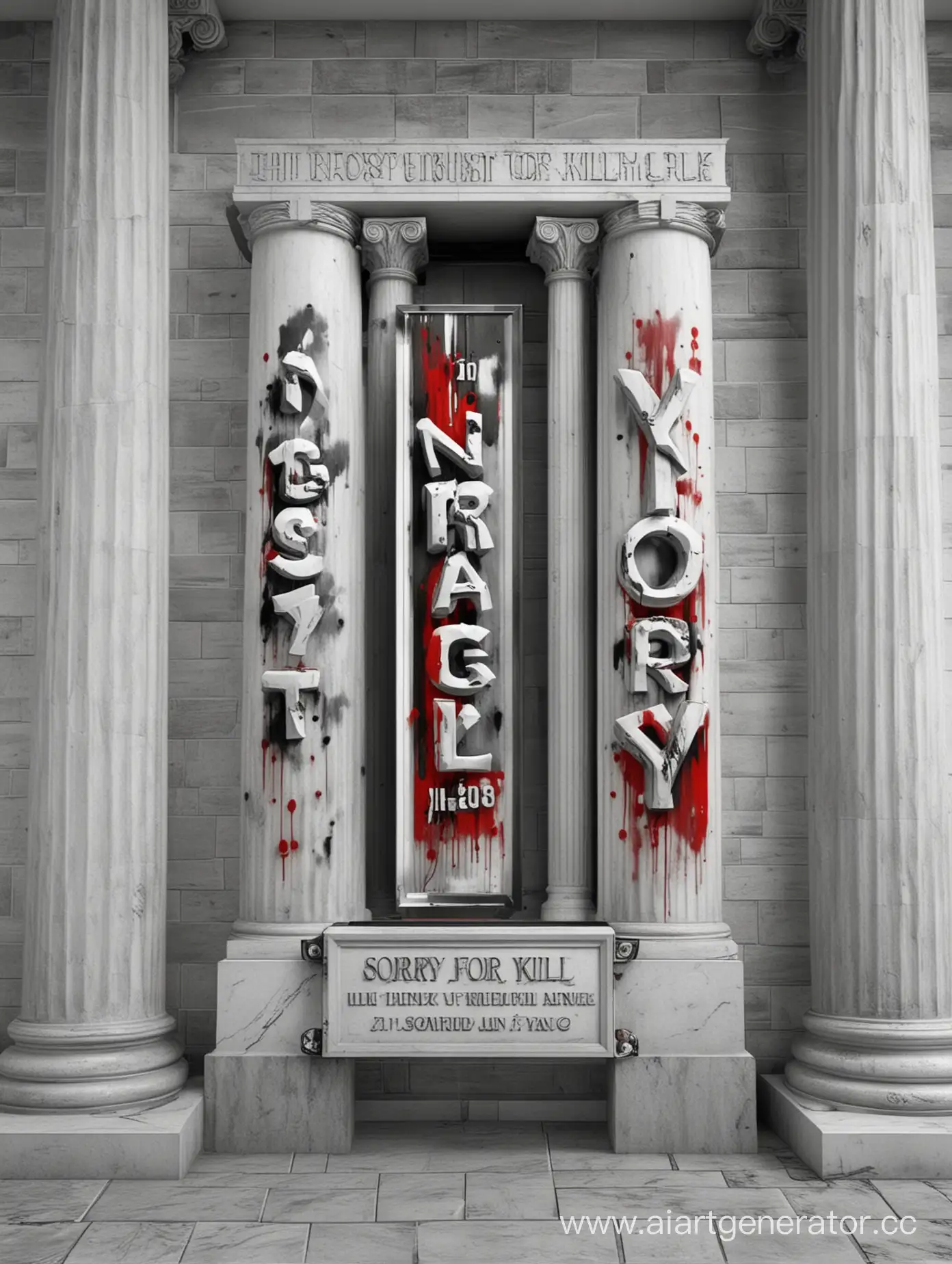 фон сделанный в 3d серо черно красным по краям две белый колоны и на табличке закрепленной между колонами надпись "Sorry for kill"