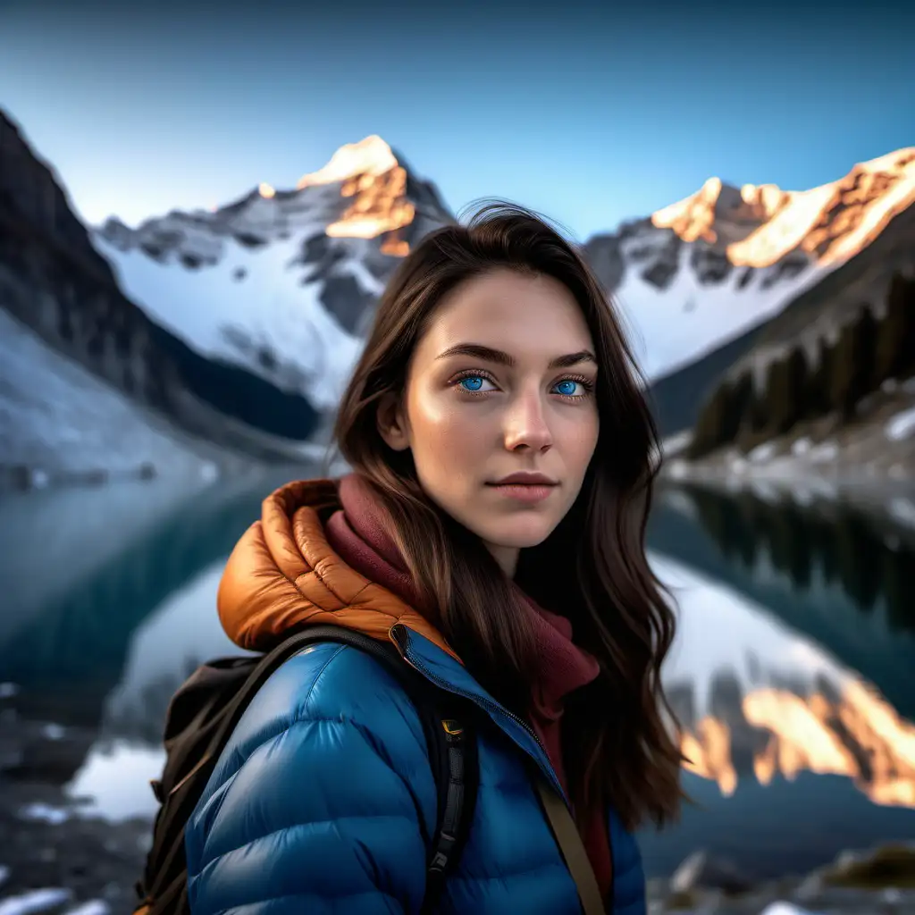 An ultra-realistic photograph captured with a Sony α7 III camera, equipped with an 85mm lens at F 1.2 aperture setting, portraying a young Caucasian woman with dark hair and blue eyes A wide angle National Geographic style landscape photography of towering snow-capped mountains reflecting off a perfectly still crystal blue alpine lake at sunrise. Extremely detailed and photorealistic. The image, shot in high resolution and a 16:9 aspect ratio, captures the subject’s natural beauty and personality with stunning realism –ar 16:9 –v 5.2 –style raw