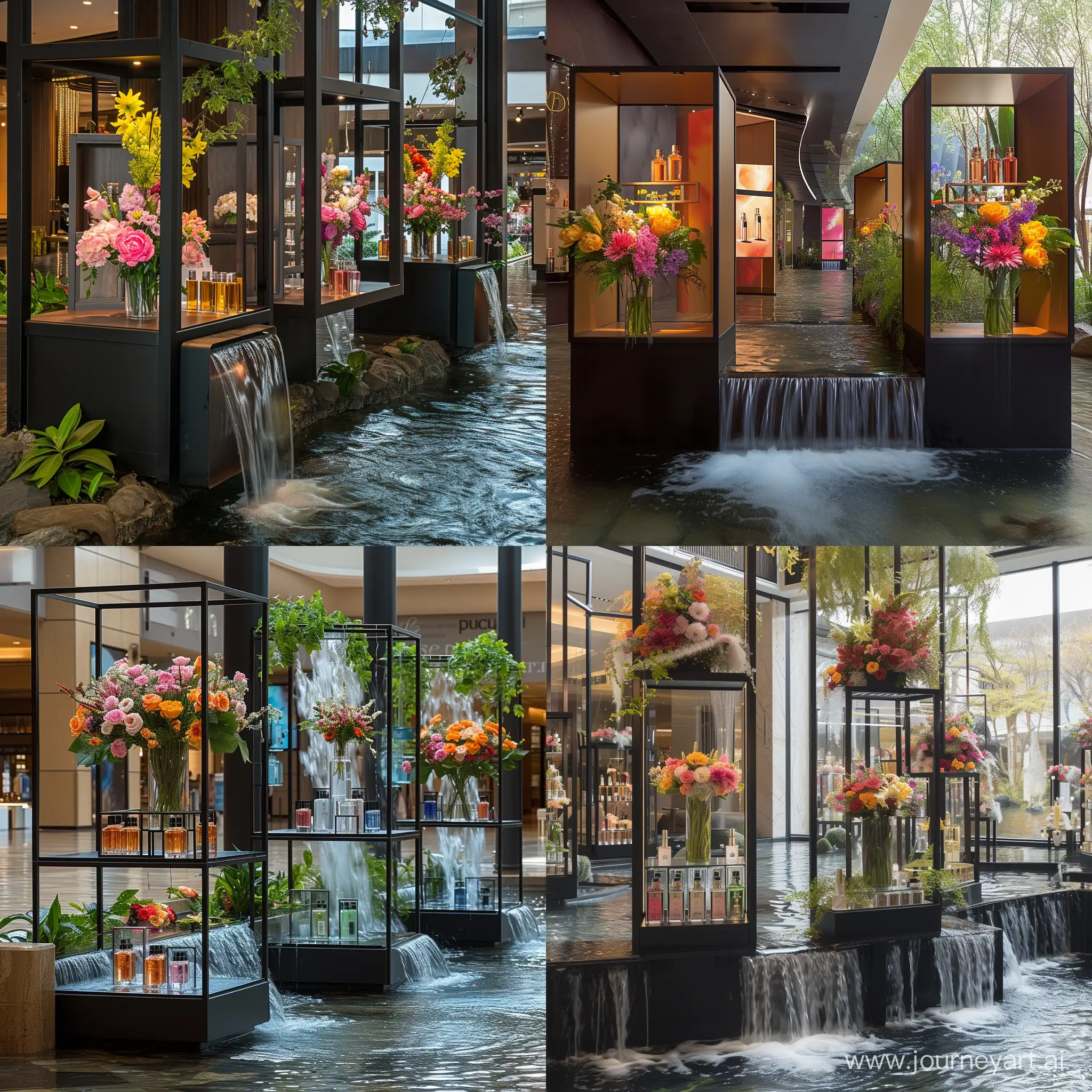 Mall-Perfume-Kiosk-Elegant-Design-with-Waterfall-and-Flowers