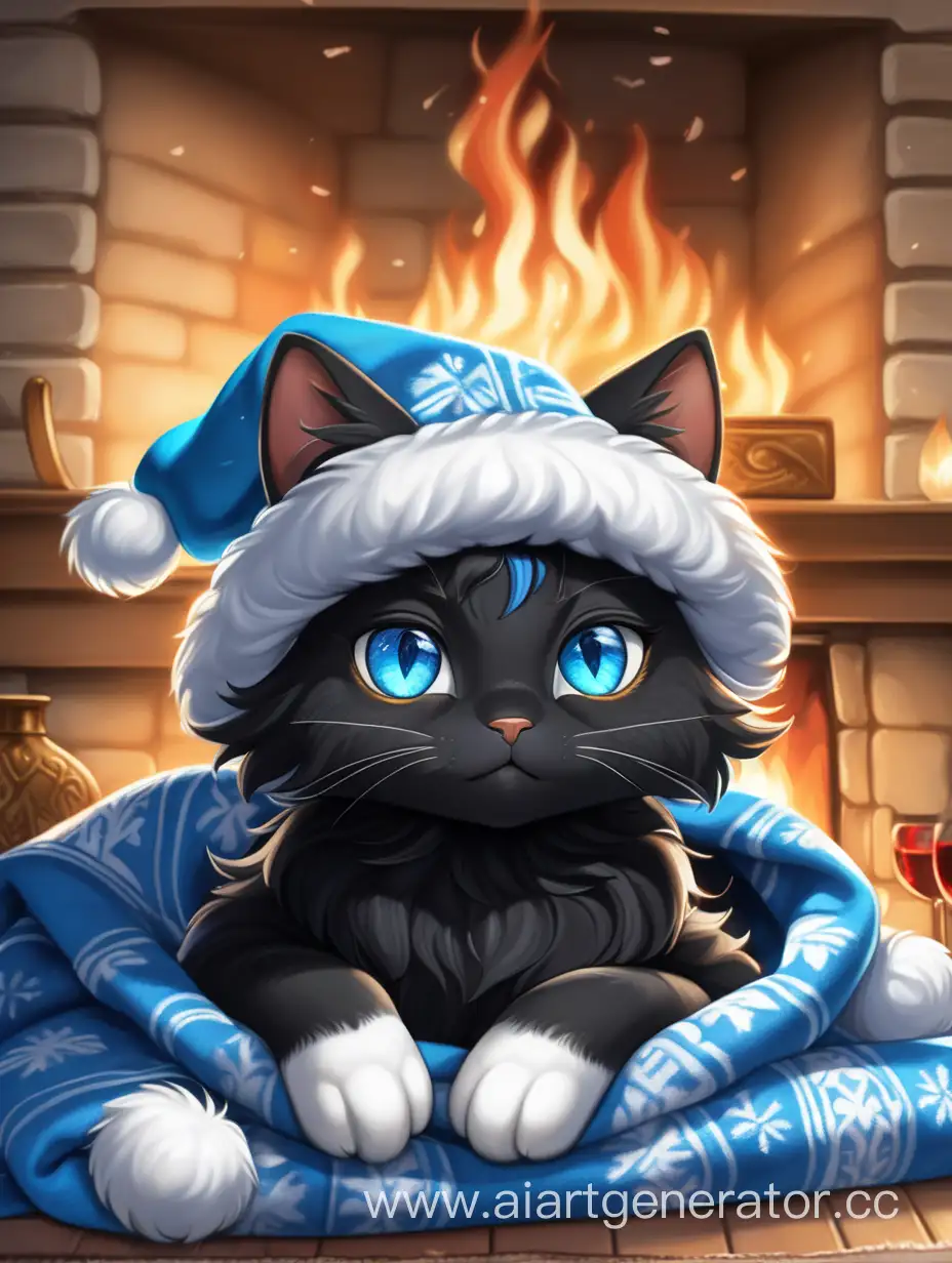 Black adult anime cat with blue eyes in a New Year's hat by the fireplace under a fluffy blanket