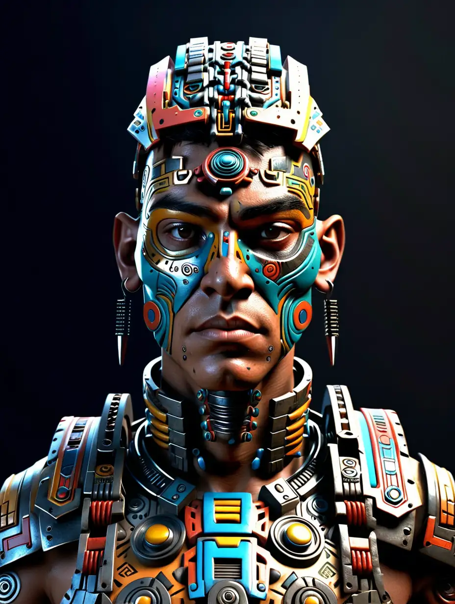 Ultra Realistic Cyborg Aztec Warrior in Chaotic Ceramic and Metal