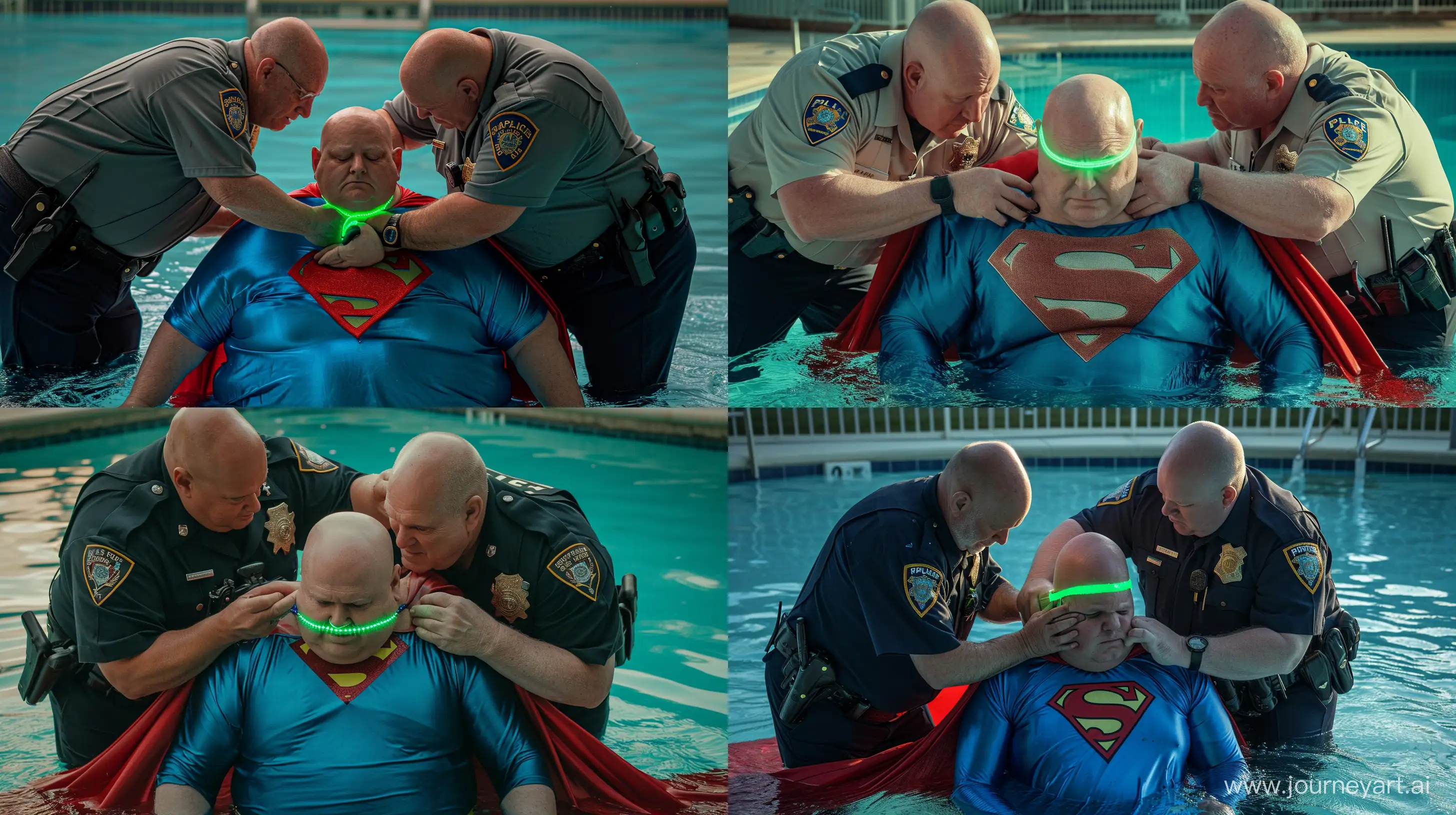 Elderly-Policemen-Secure-GreenGlowing-Collar-on-Superman-in-Pool
