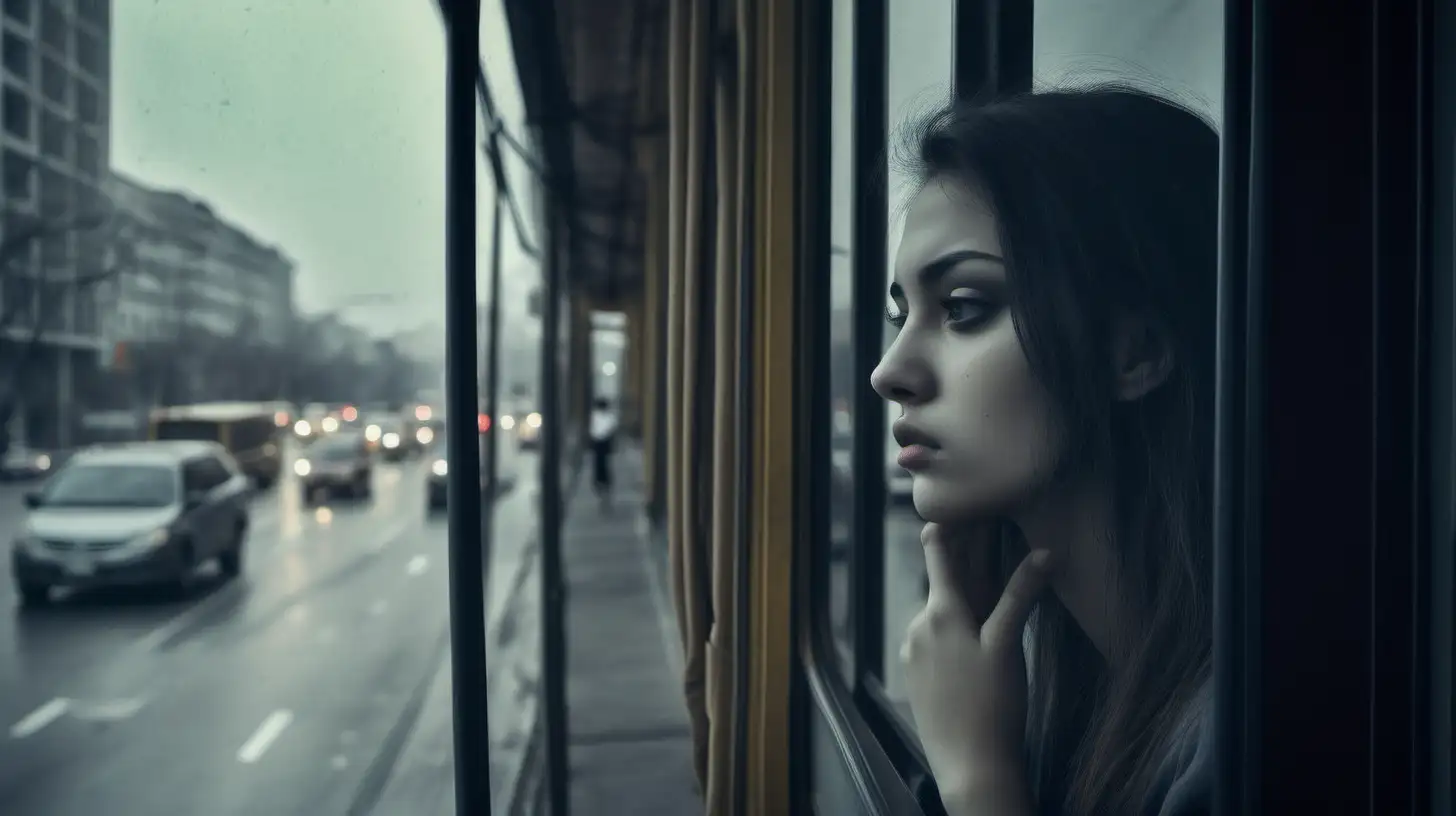 mistery real girl sadness loneliness watching from the windows big facate on the street cars trafifc