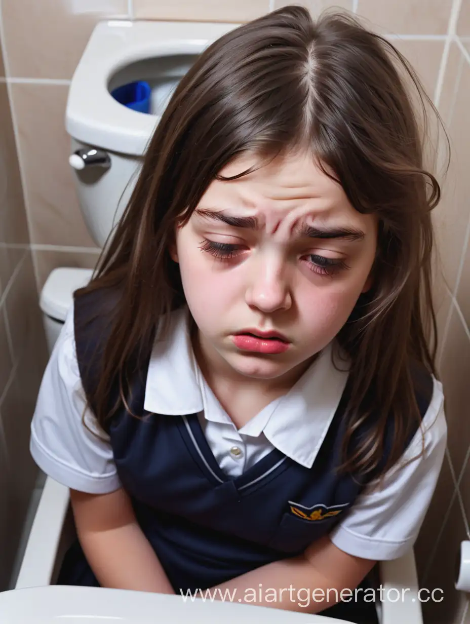 A girl. The girl wears a mini school uniform. 14 years old. Close-up. The photo taken from top. Toilet. Bird's eye view. Plump lips. Close up. Head top view. Close up. Soft make-up. She is suffering. She has long messy hair. The girl is sad. Brunette. The girl has closed eyes. The girl has a diffefent face.