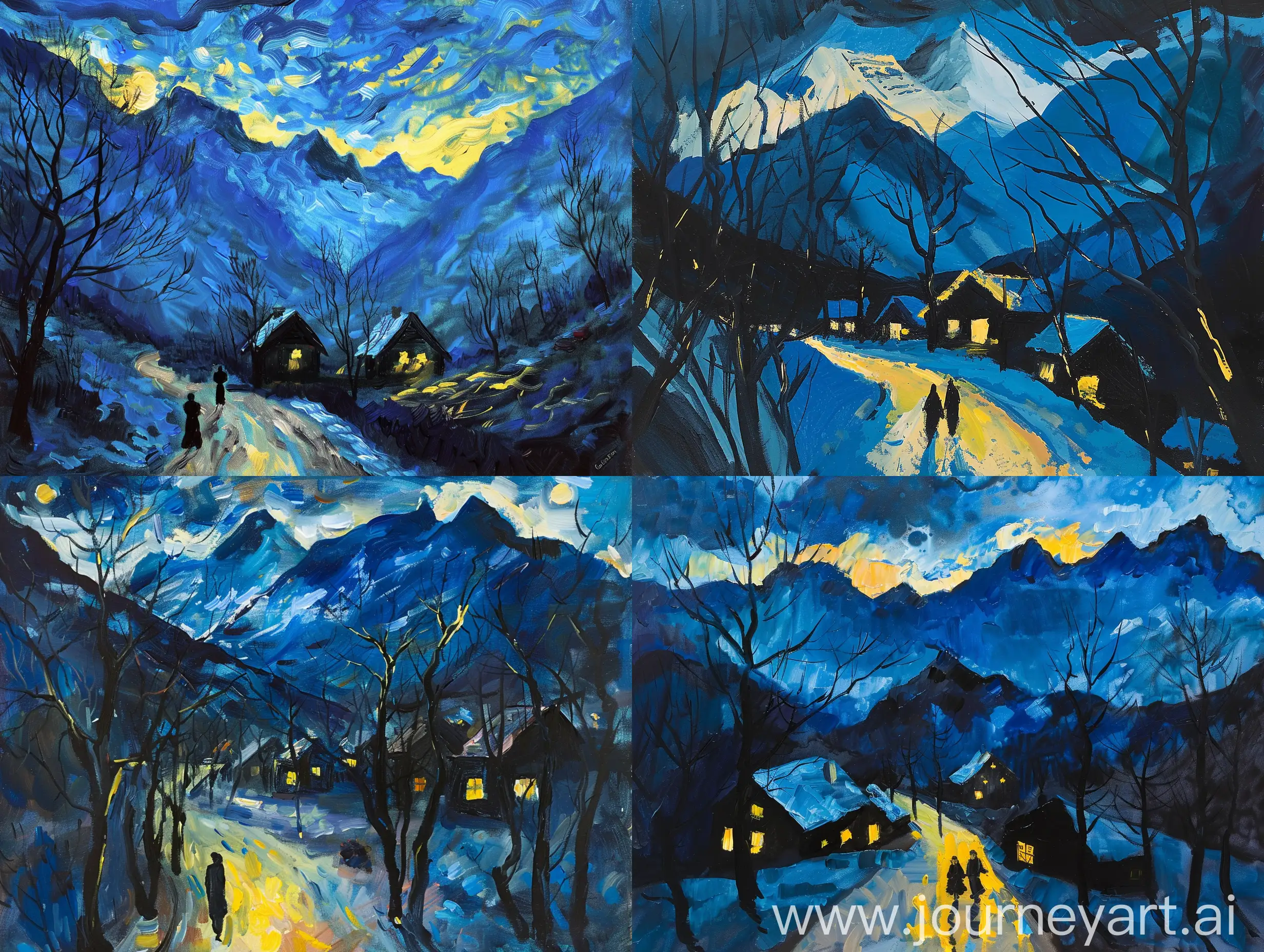 oil painting capturing the essence of a nocturnal landscape with elements of Post-Impressionism like oil painting of "evening in adelboden" by waldemar fink

Foreground should Include a path or road with bold strokes of yellow and blue to suggest moonlight reflection.
Add two figures walking away, dressed in dark clothing for silhouette effect.
Midground should include Scatter small, dark houses with glowing windows among bare, leafless trees.
Background should include Feature a large mountain range in shades of blue with snow-capped peaks.
Create a dynamic sky of blue and black for a turbulent night sky effect.
Color Palette should Use a striking palette of blues, yellows, and blacks for vibrancy and energy.
Contrast warm yellows against cool blues for visual impact.
Unique Features should
realistic representation for emotional expression.
Emphasize mood and atmosphere through color and brushwork.
By incorporating these detailed elements and following the style and color palette described, create a similar artwork that captures the beauty and emotion of a nocturnal journey in a Post-Impressionist style.