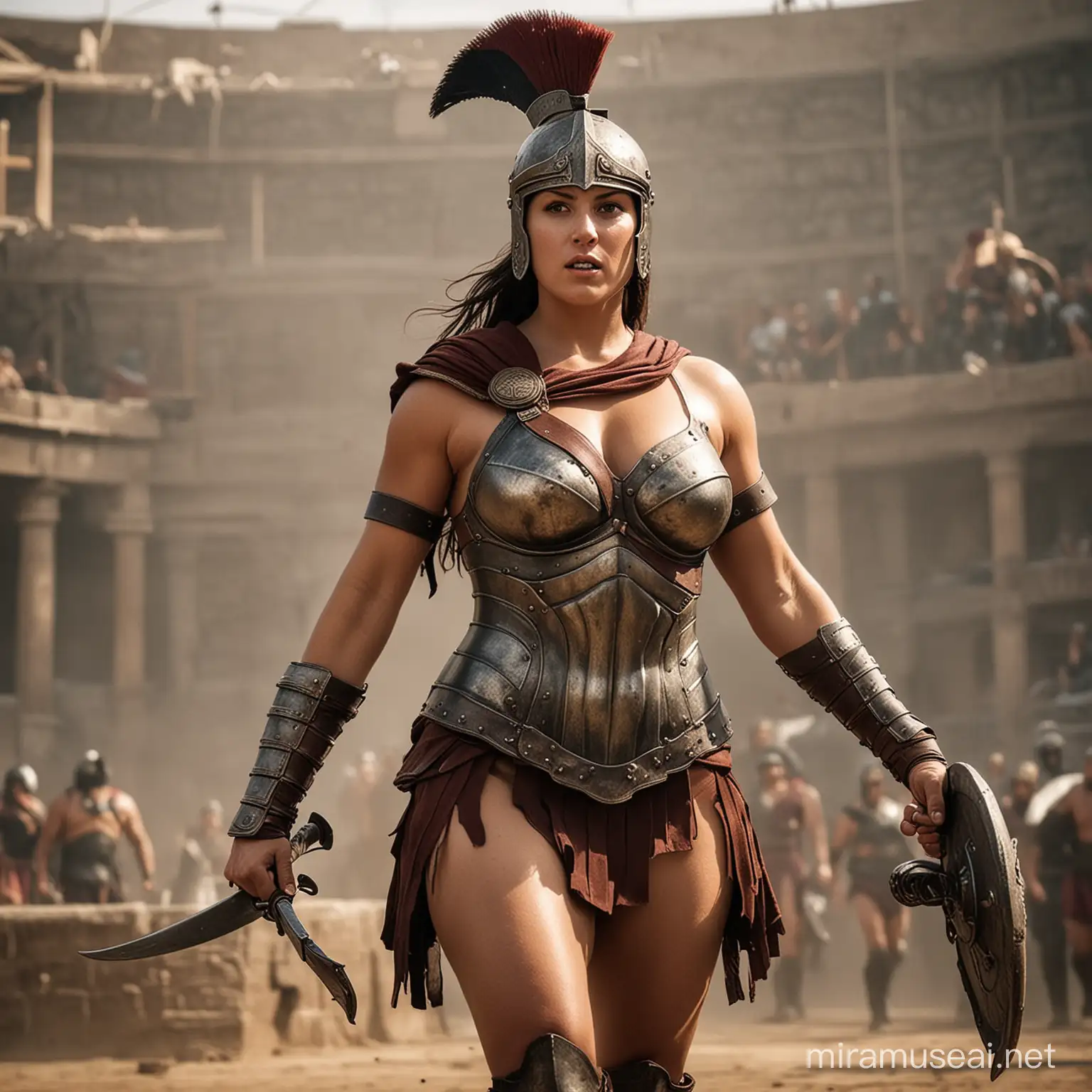 Seorang prajurit Spartan wanita montok yang berada di arena gladiator.