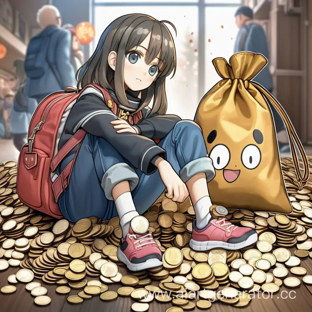 A bag of coins next to him sits an anime girl in the background the new year is all in a cartoon style