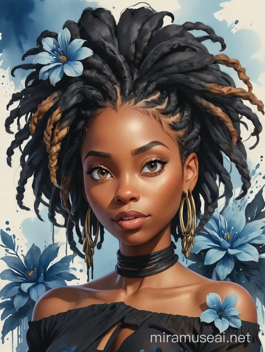 create a watercolor logo style image with exaggerated features, 2k. with a black woman wearing a black off the shoulder blouse, ombre dread locs, background of black and blue large flowers