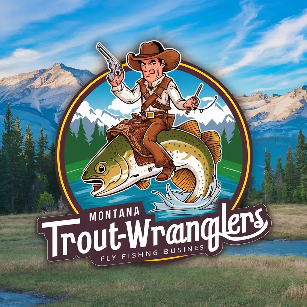 Montana Troutwranglers Cowboy Riding a Bucking Trout with Pistol
