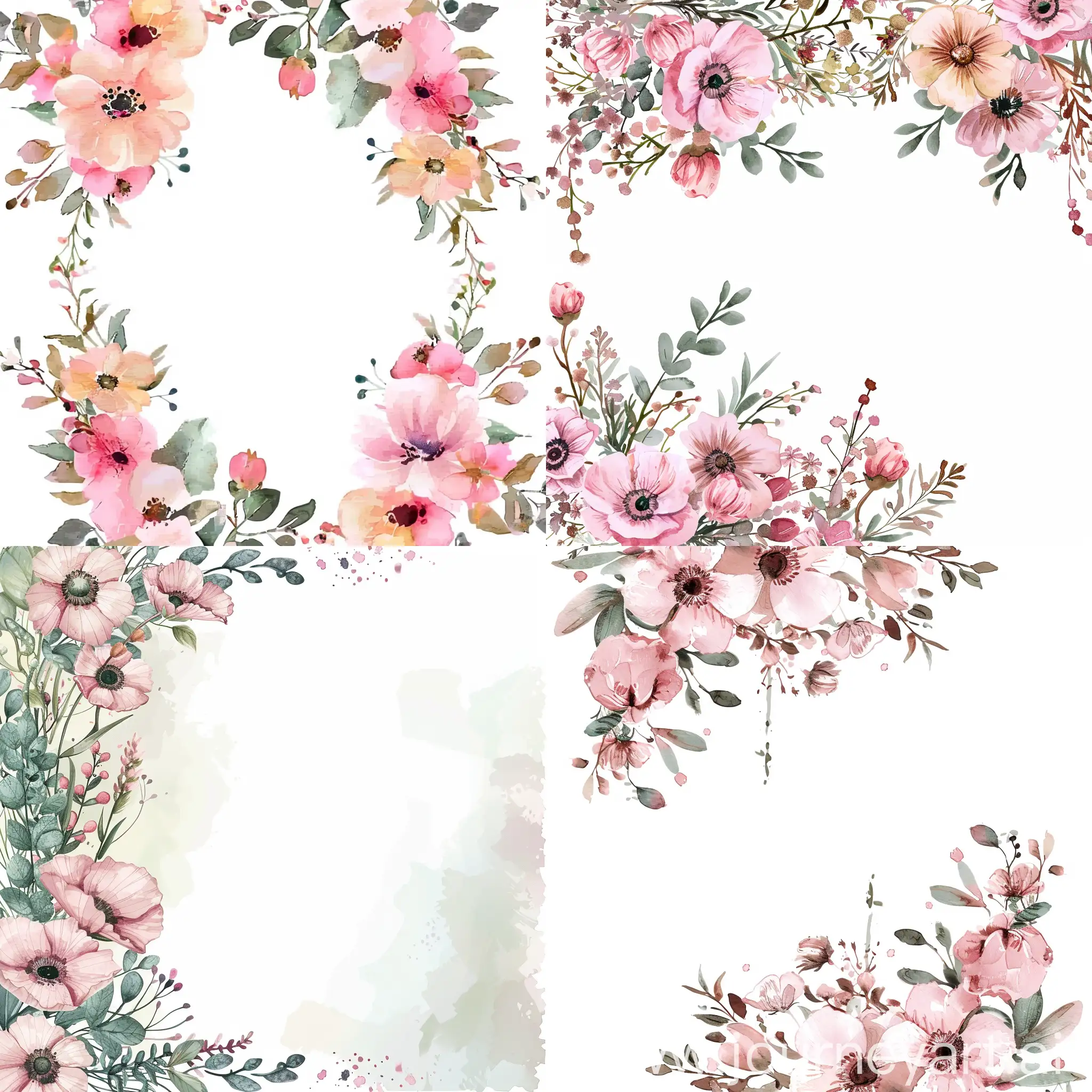 Watercolor floral border, soft pastel boho pink wildflowers bouquets for wedding invitation