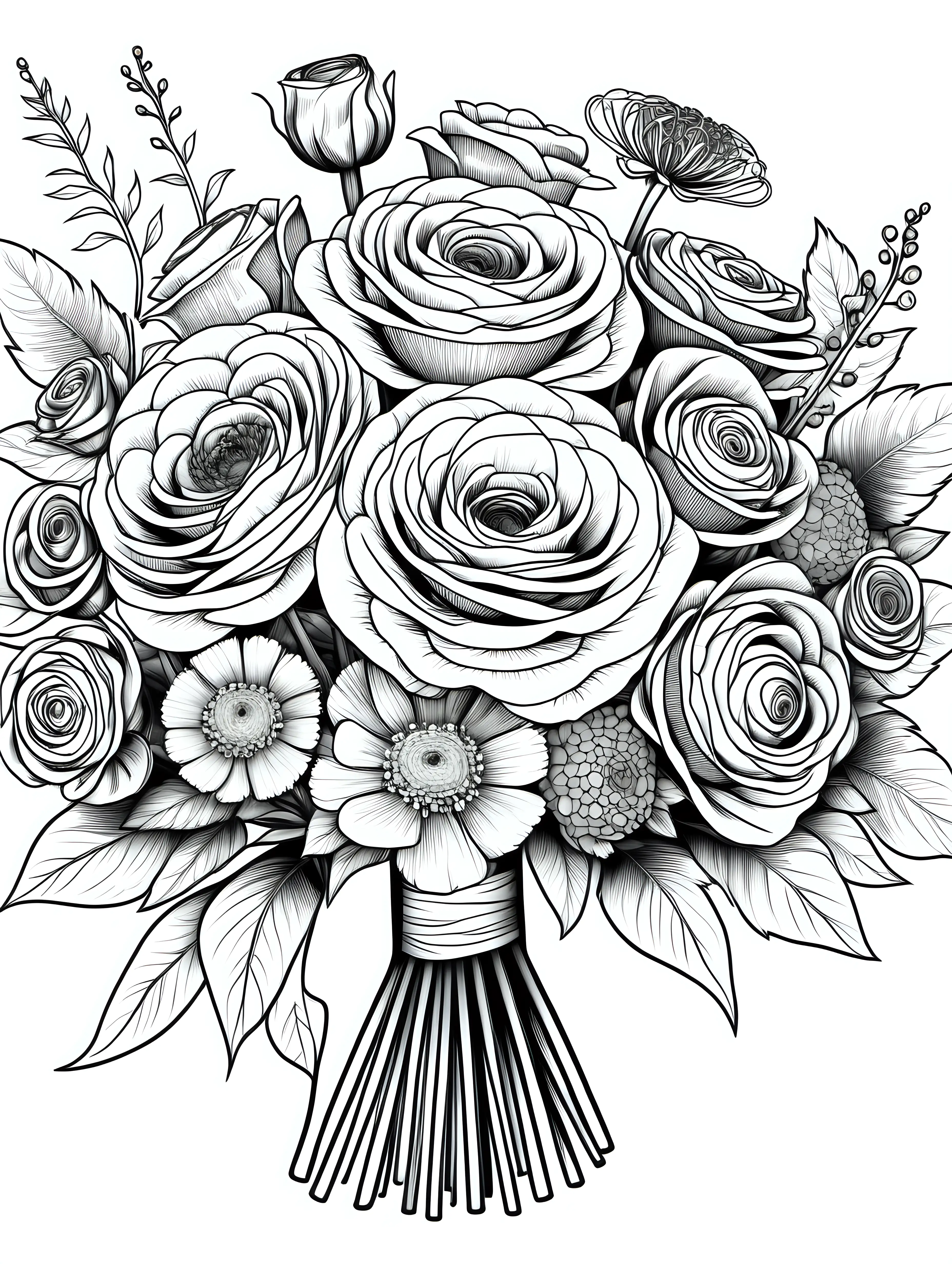 Adult Coloring book page:: Wedding bouquet with Ranunculus, Rose, and Scabiosa:: adult coloring book page thin black lines white background, 1 bit line art coloring book, only draw outlines, crisp, thick outlines, use up the entire screen, outline art