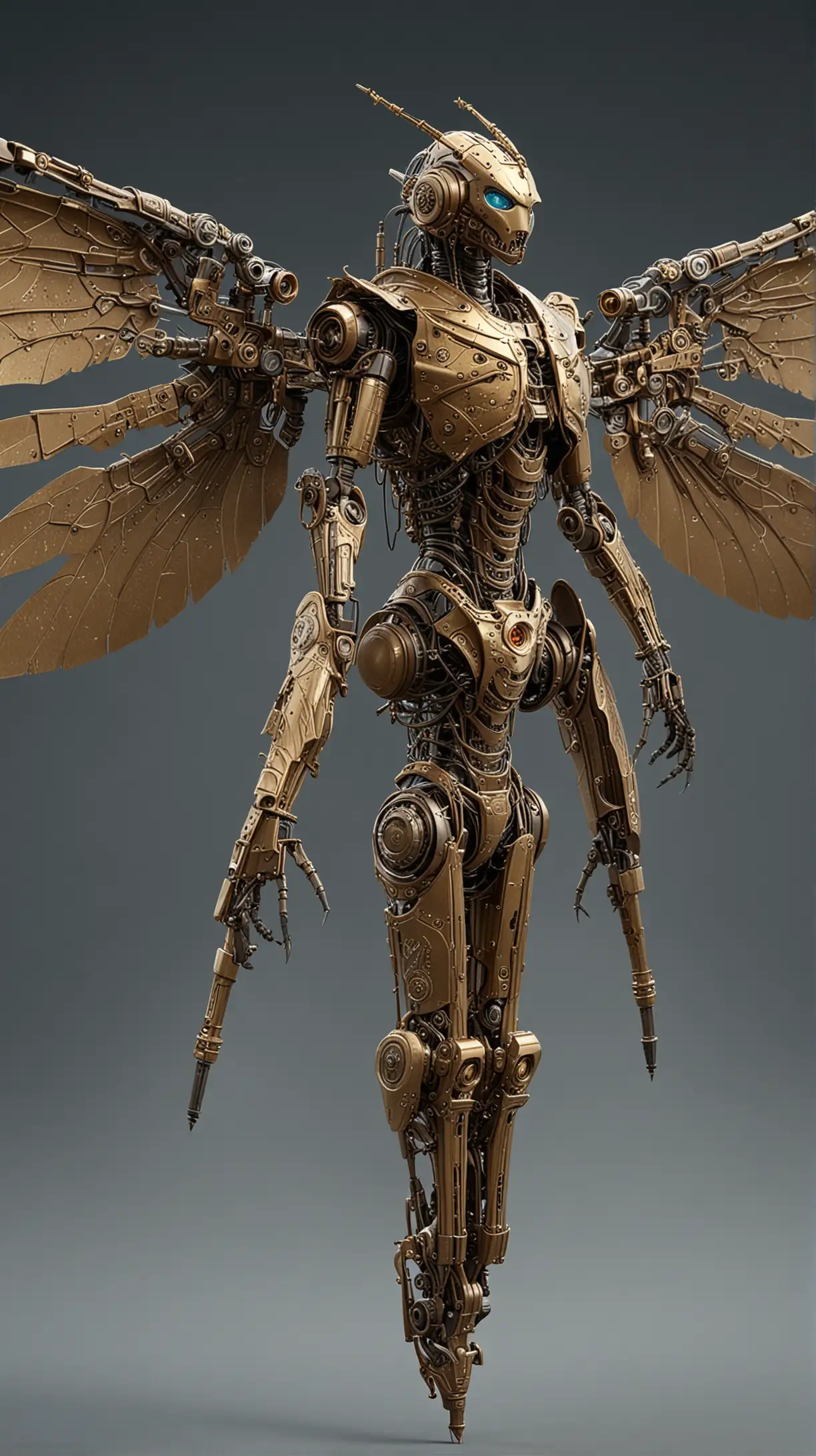 retrofuturistic, dragon fly, robot, giant sized, steampunk, brass metal components are exoskeleton, wings, flight mechanism, steam engine, control system, propulsion system, sensors, artificial muscles, communications system, and armor plating, Octane Rendering 3d, ornate, hyper realistic, intricate detailed