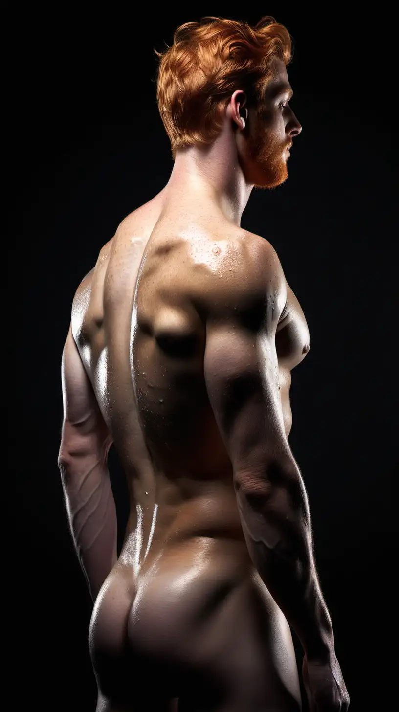 Prompt ginger mythical male Greek wet beautiful body Prompt /imagine prompt : An ultra-realistic photograph captured with a canon 5d mark III camera, equipped with an 85mm lens at F 1.8 aperture setting, portraying male athlete mythical body. The background is dark with bright white studio light highlighting the subject's body and face. The subject is facing with his back towards the camera, he is looking over his shoulder. The image, shot in high resolution and a 9:16 aspect ratio, captures the subject’s natural beauty and sexuality with stunning realism Soft spot light gracefully illuminates the subject’s body, highlighting the body, casting a dreamlike glow. make it really realistic and detailed --ar 9:16 --v 6 --style raw ((ultra-detailed))