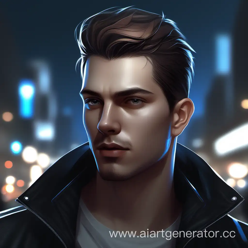 Hyperdetailed-Portrait-of-Young-Man-in-Black-Leather-Jacket-Against-Night-Cityscape