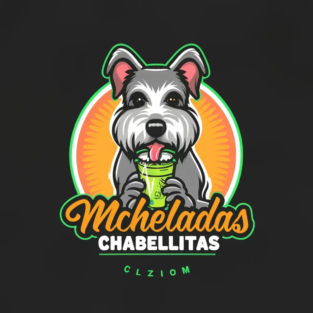 a logo design,with the text 'Micheladas Chabelitas', main symbol:Schnauzer dog drinking tropical neon green michelada ,complex,be used in Restaurant industry,clear background