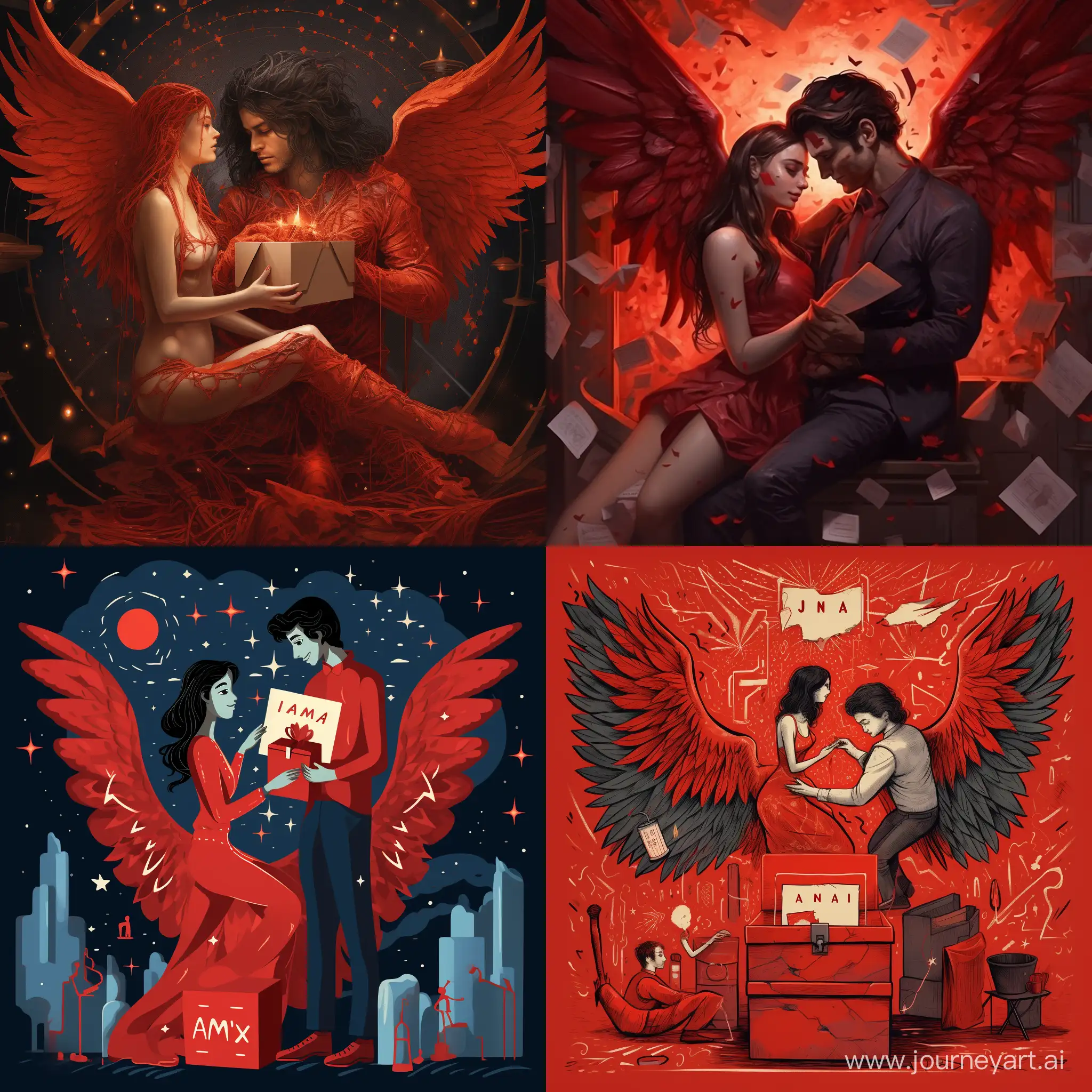 A demon from the jinn, wearing a beautiful red suit, loves a person and gives him a box with the letter A written on it, and her heart is broken, and behind her are many wings, stars, planes, and missiles.
