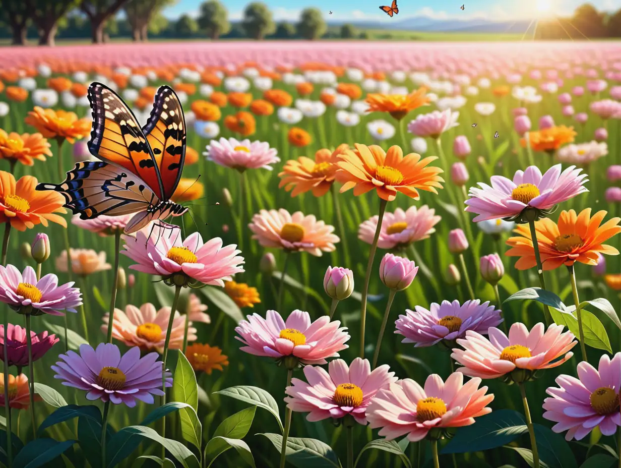 Colorful Field of Flowers with Fluttering Butterfly